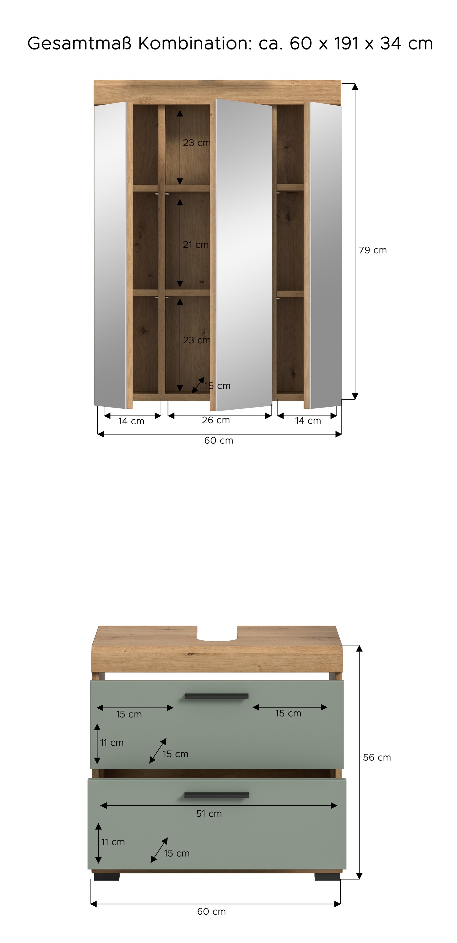 INOSIGN Badmöbel-Set »Siena, 2 tlg., bestehend aus: Waschbeckenunterschrank, Spiegelschrank«, (Set), in verschiedenen Farben erhältlich, Badmöbel, Kombination, Badezimmer