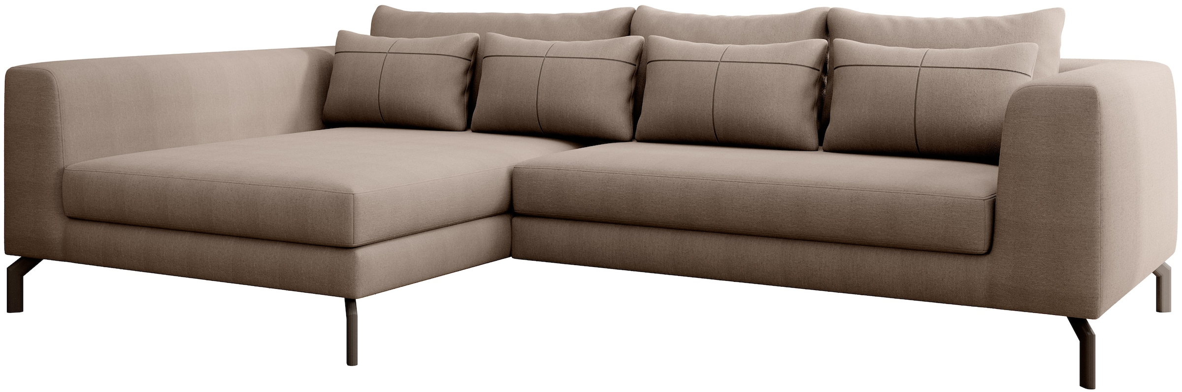 INOSIGN Ecksofa »Cross, mit softem Sitz, L-Form, wendbare Zierkissen, Breite 284 cm«, Couch mit vielen Kissen, stylische Kreuznaht, elegante Metallfüße