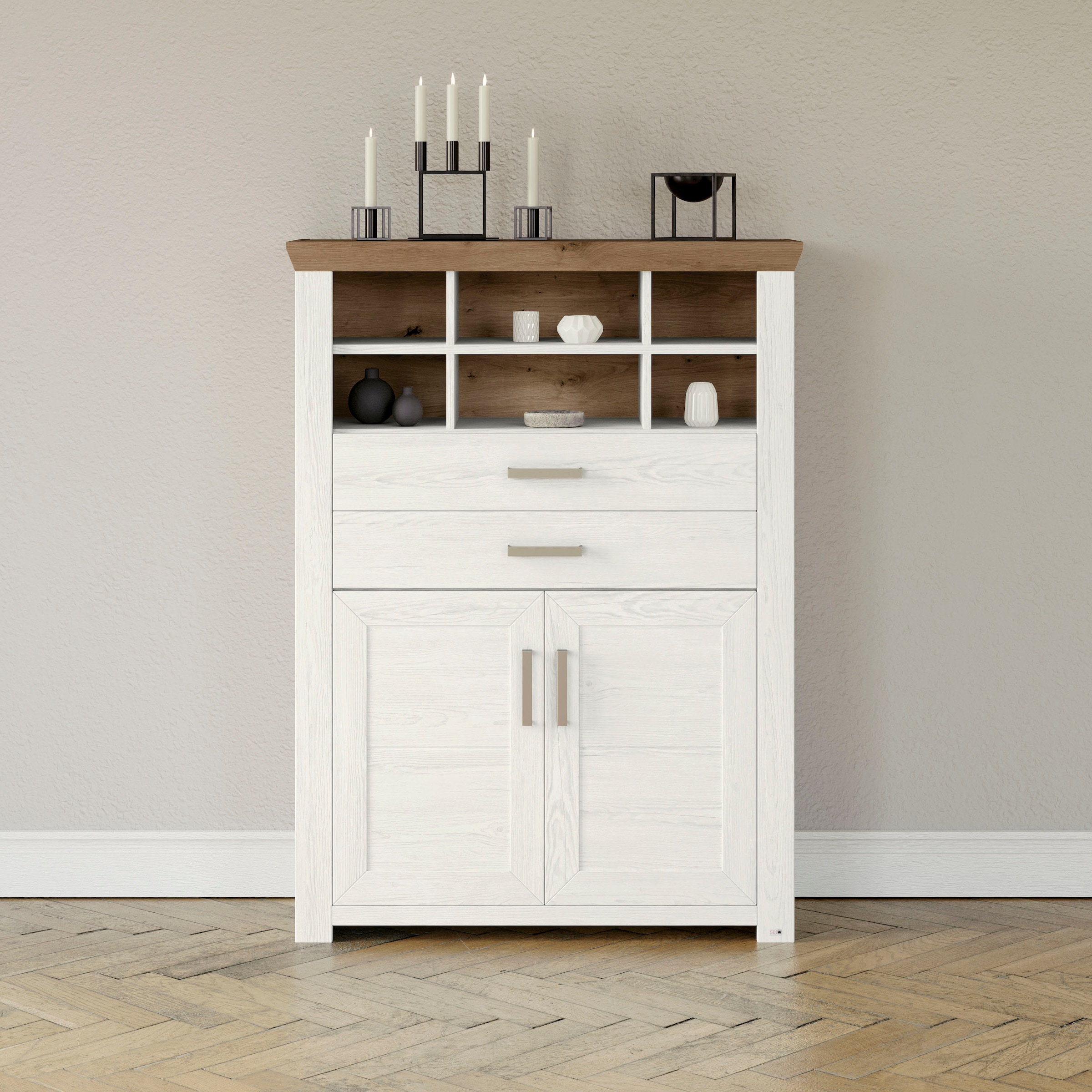 set one by Musterring Highboard "York", Typ 16, mit Holztüren und Schubkasten, Beleuchtung optional, B 105 cm