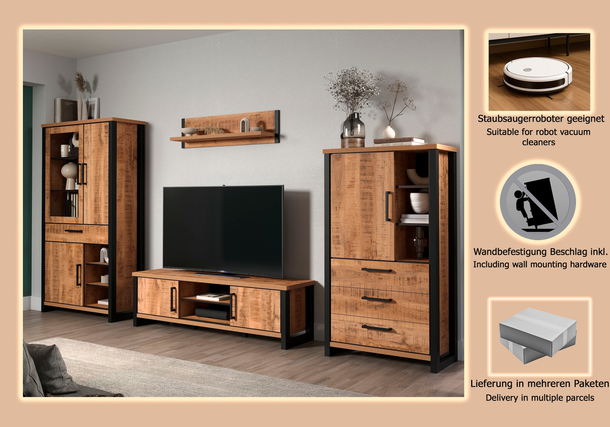 Home affaire Wohnwand »Elda« Komplett-Set, 4 Stk. tlg. Set bestehend aus: TV Lowboard, Vitrine, Wandboard,Highboard