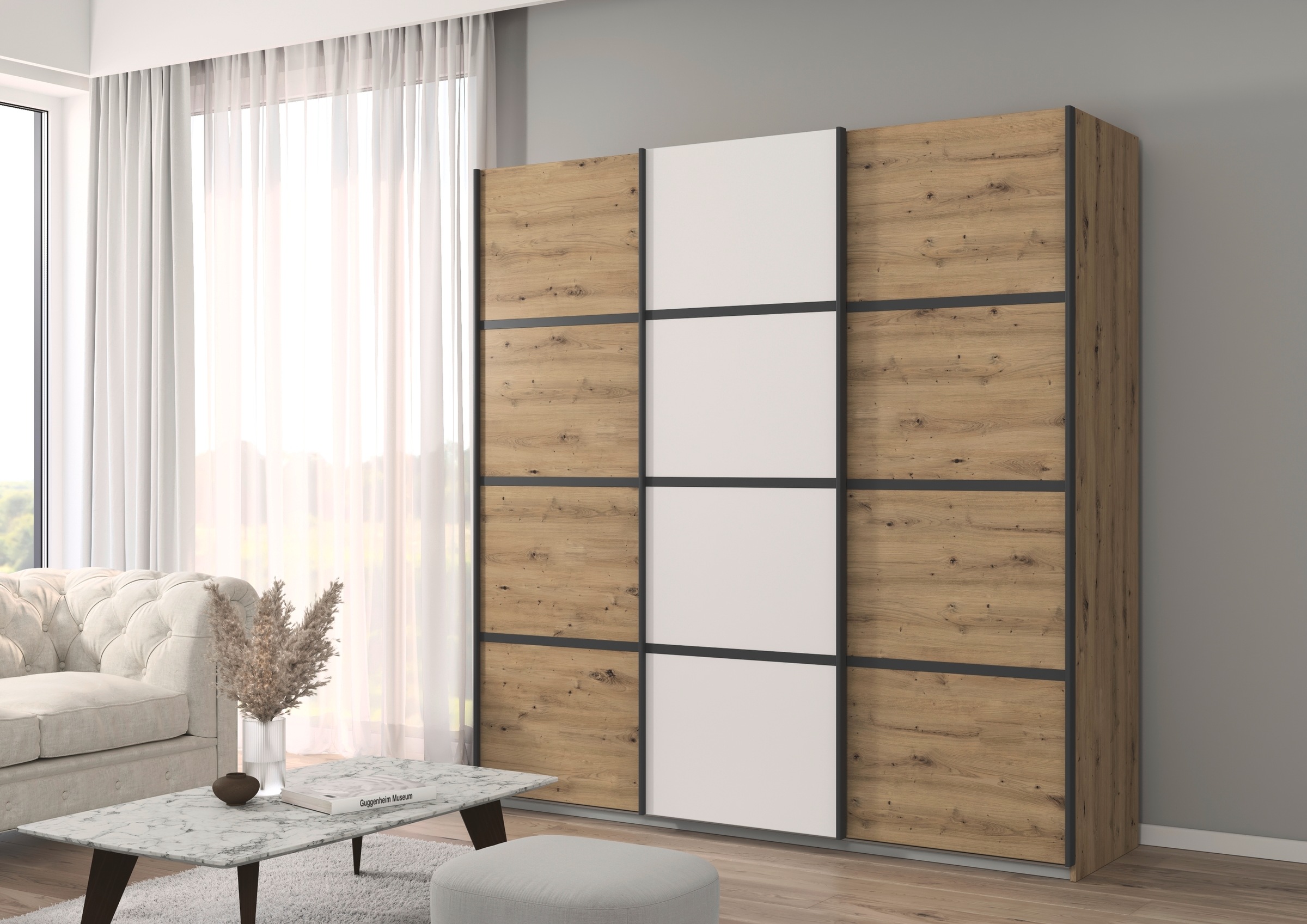 rauch Kleiderschrank »Schwebetürenschrank Garderobe Schrank TOP ANGEBOT Avola«, (in 3 verschiedenen Ausstattungen BASIC/CLASSIC/PREMIUM), mit eleganten Zierleisten in Chrom, Schwarz oder Weiß MADE IN GERMANY