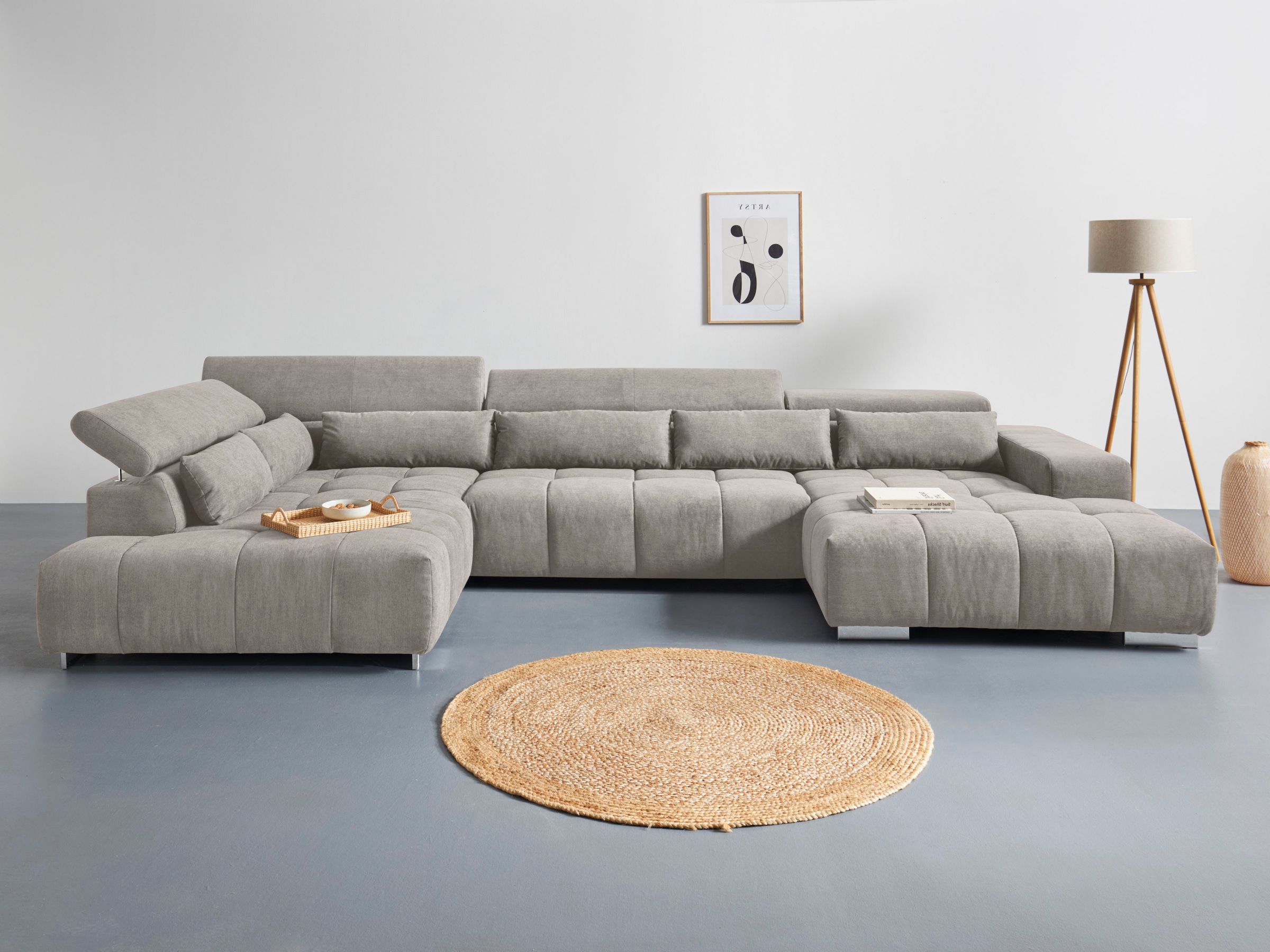 COTTA Wohnlandschaft "Orion U-Form XXL, B: 409 cm, bequeme Wellenunterfederung, top modern" mit Kopfteilverstellung & 6 Nierenkissen
