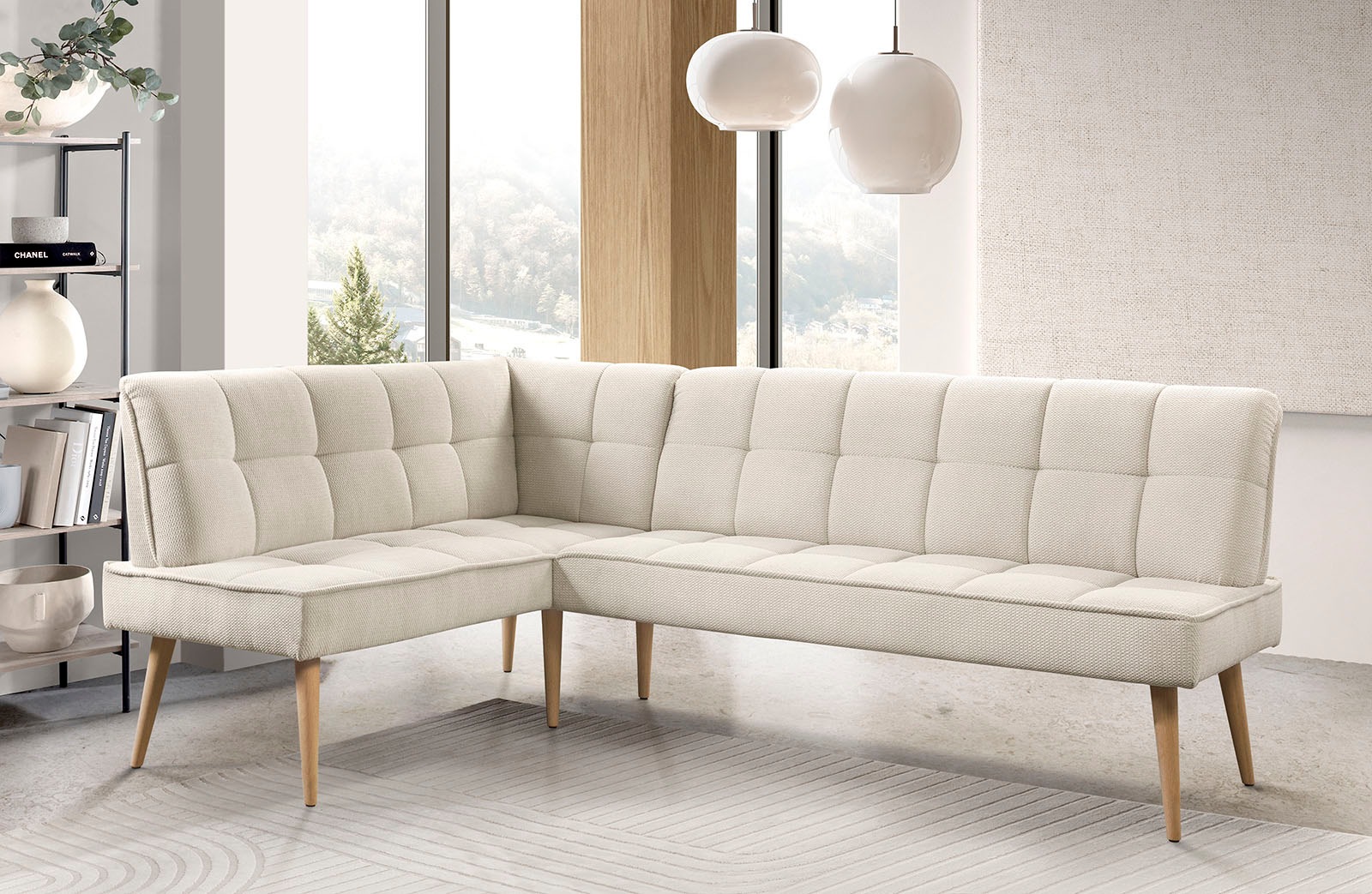 Eckbank EXXPO - SOFA FASHION "Latte", beige, B:234cm H:95cm T:156cm, 94% PES, 6% NY, Sitzbänke, Eckbank, moderne Sitz- und Rückensteppung, bequem und elegant, hoher Holzfuß