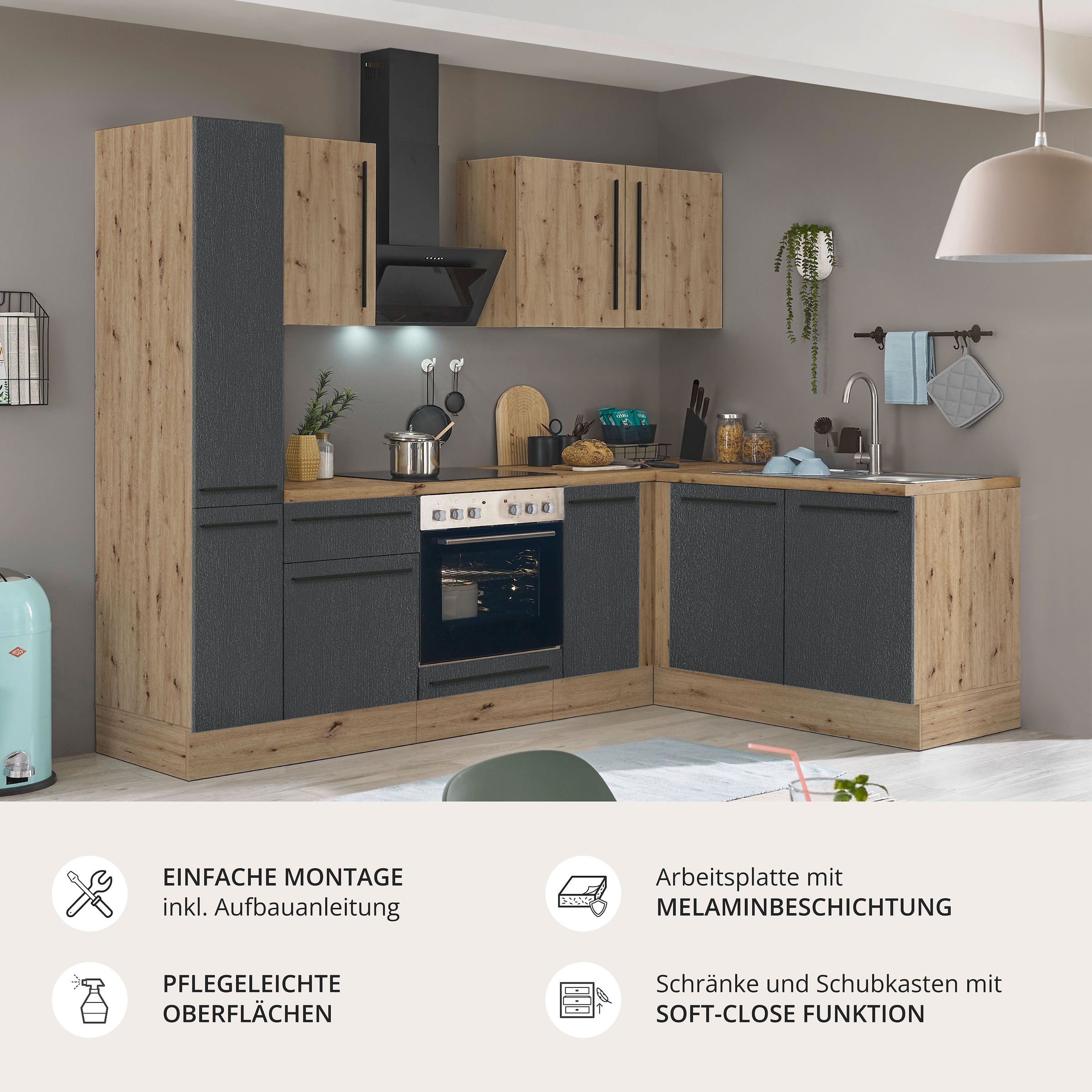 KOCHSTATION Winkelküche »Florida, Stellbreite 240x165 cm« wahlweise mit E-Geräten, mit Softclose für Türen und Schubkästen