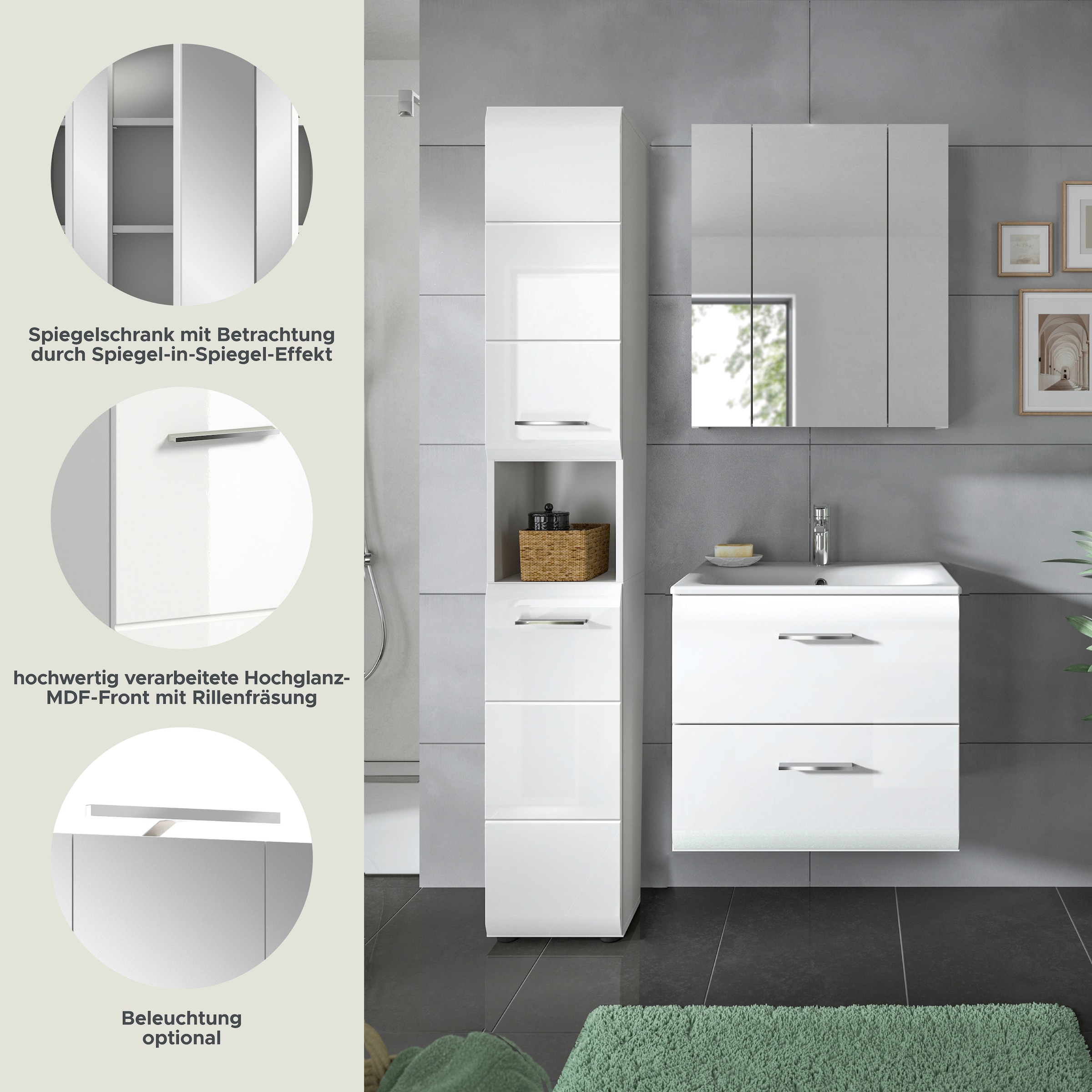 INOSIGN Badezimmer-Set, (Set, 4 St.), Florenz, Badkombination 4-tlg., Weiß hochglanz, inkl. Waschbecken