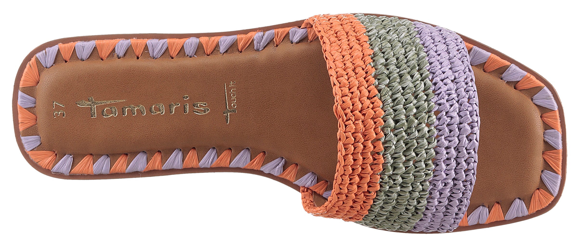 Tamaris Pantolette, Blockabsatz, Sommerschuh, Strandschuh, zweifarbige Bast-Umrandung