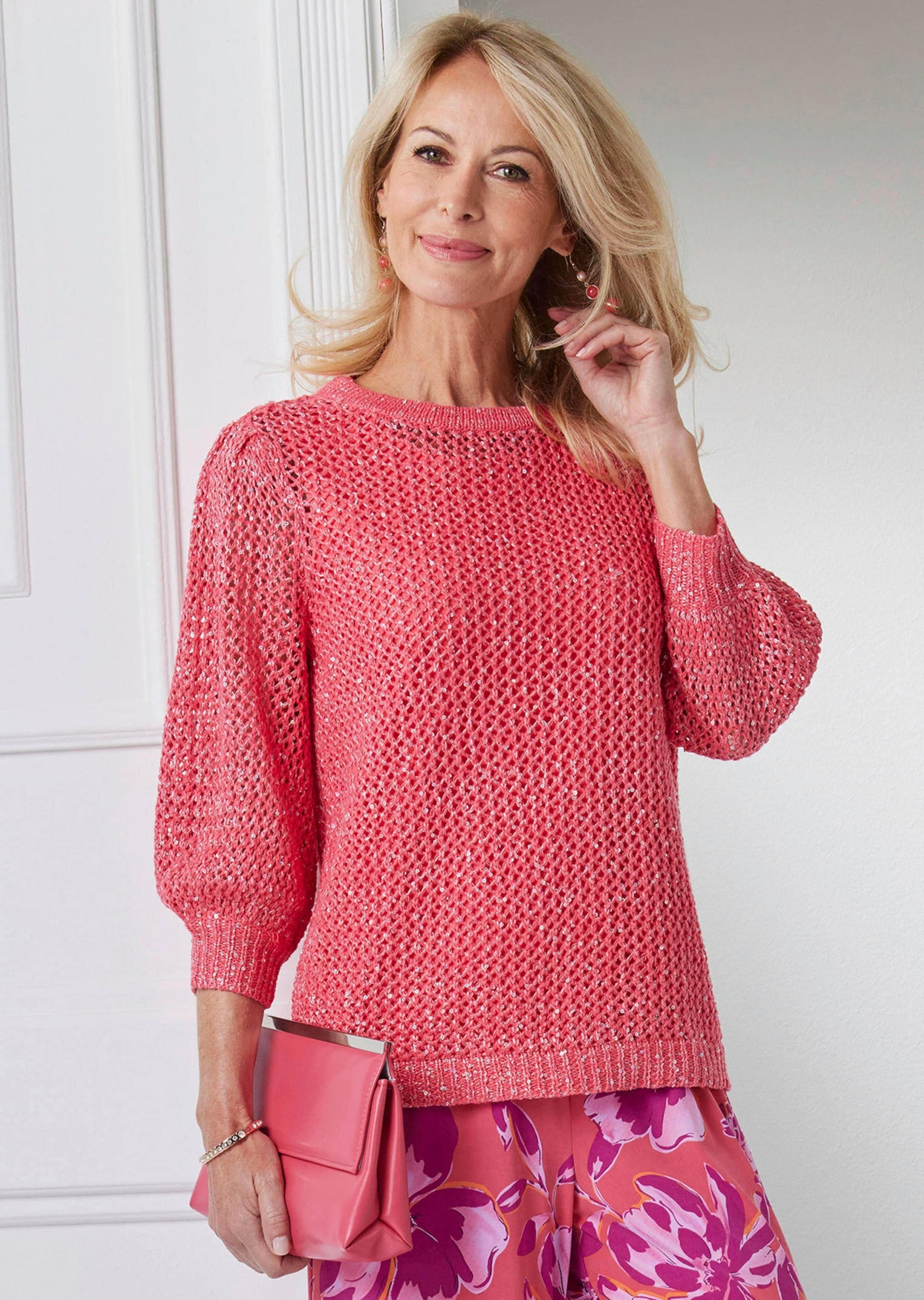 Goldner Plus Size Short Length Sequin Mesh Crewneck Sweater Pink 2