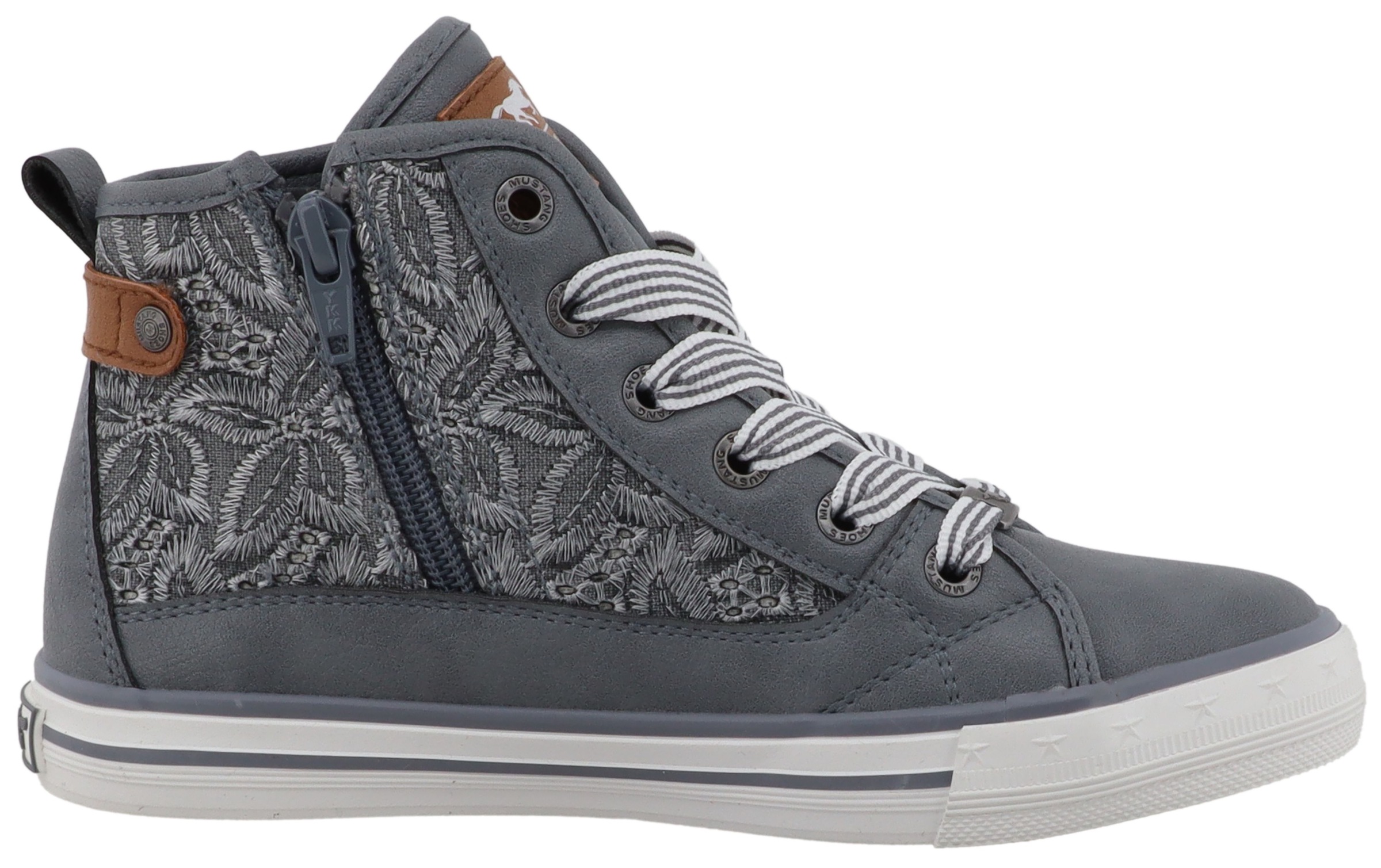 Sneaker MUSTANG SHOES "Gaspare", Mädchen, Gr. 36, jeanasblau, Lederimitat, Textil, Schuhe Sneaker, Schnürboots, Freizeitschuh mit hübscher Blüenstickerei 3