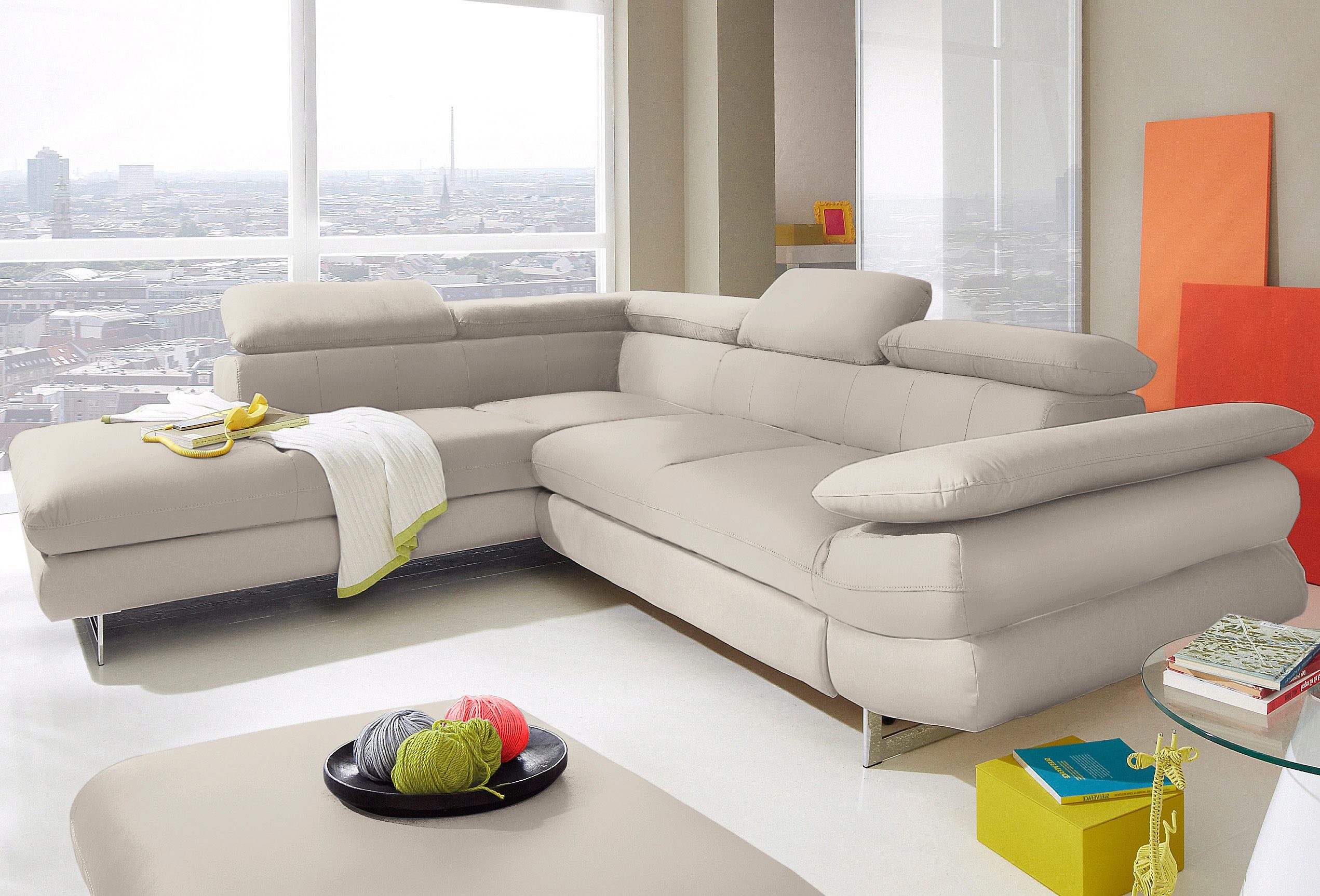 COTTA Ecksofa "Solution L-Form, Design Sofa, bequeme Wellenunterfederung, Design Fuß" mit Arm- & Kopfteilverstellung, wahlweise mit Schlaffunktion