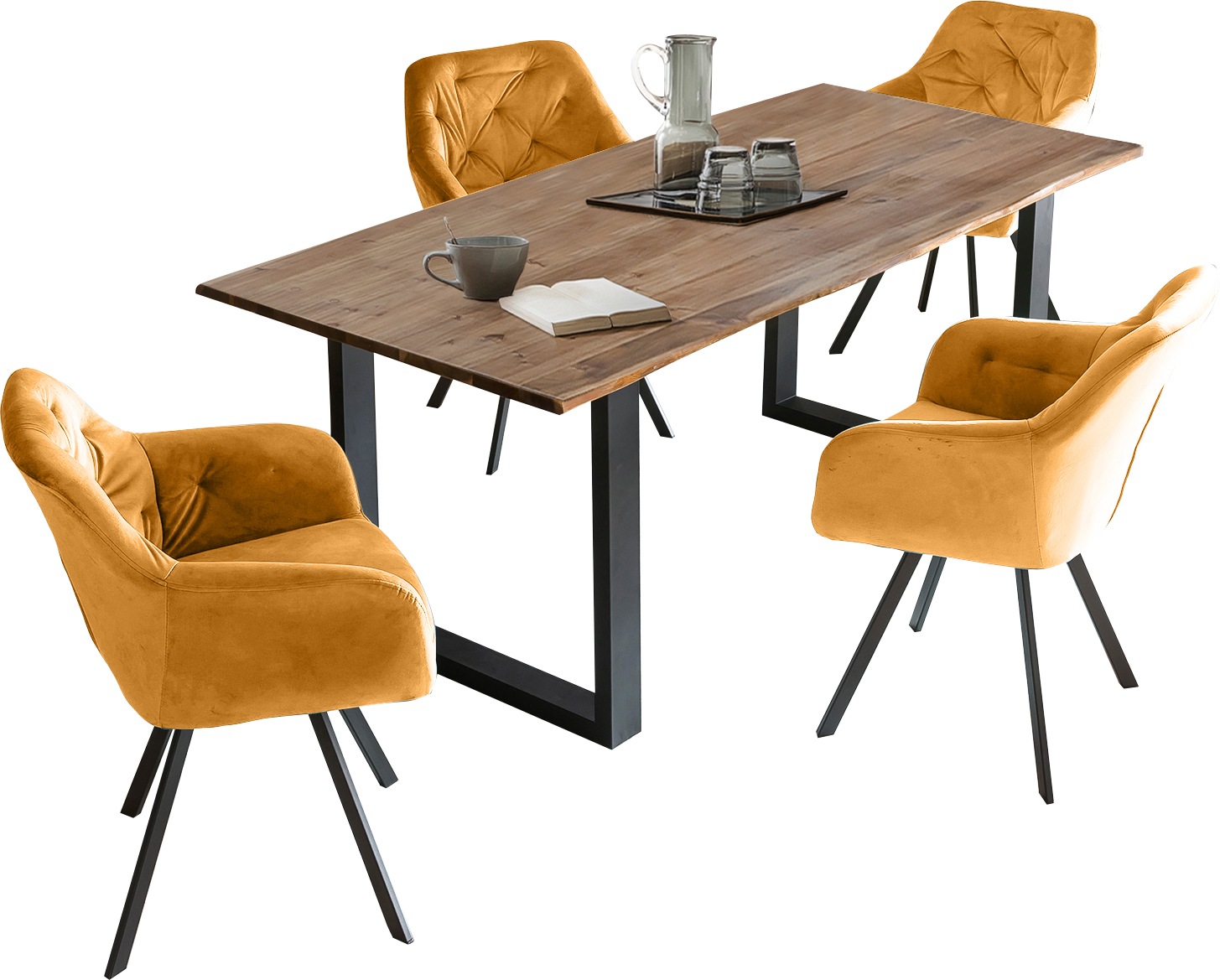 SalesFever Essgruppe, (Set, 5 tlg.), Stühle mit 360° Drehplatte unter der Sitzfläche, mit echter Baumkante