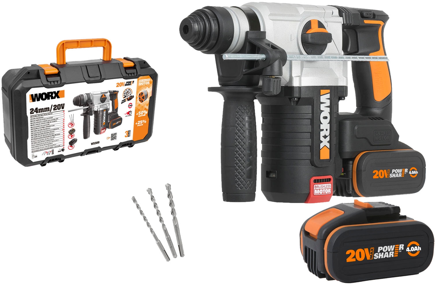 Worx Akku-Bohrhammer »NITRO WX380«, (Set), 3-IN-1, bürstenloser Motor, inkl. 2 Akkus & Ladegerät