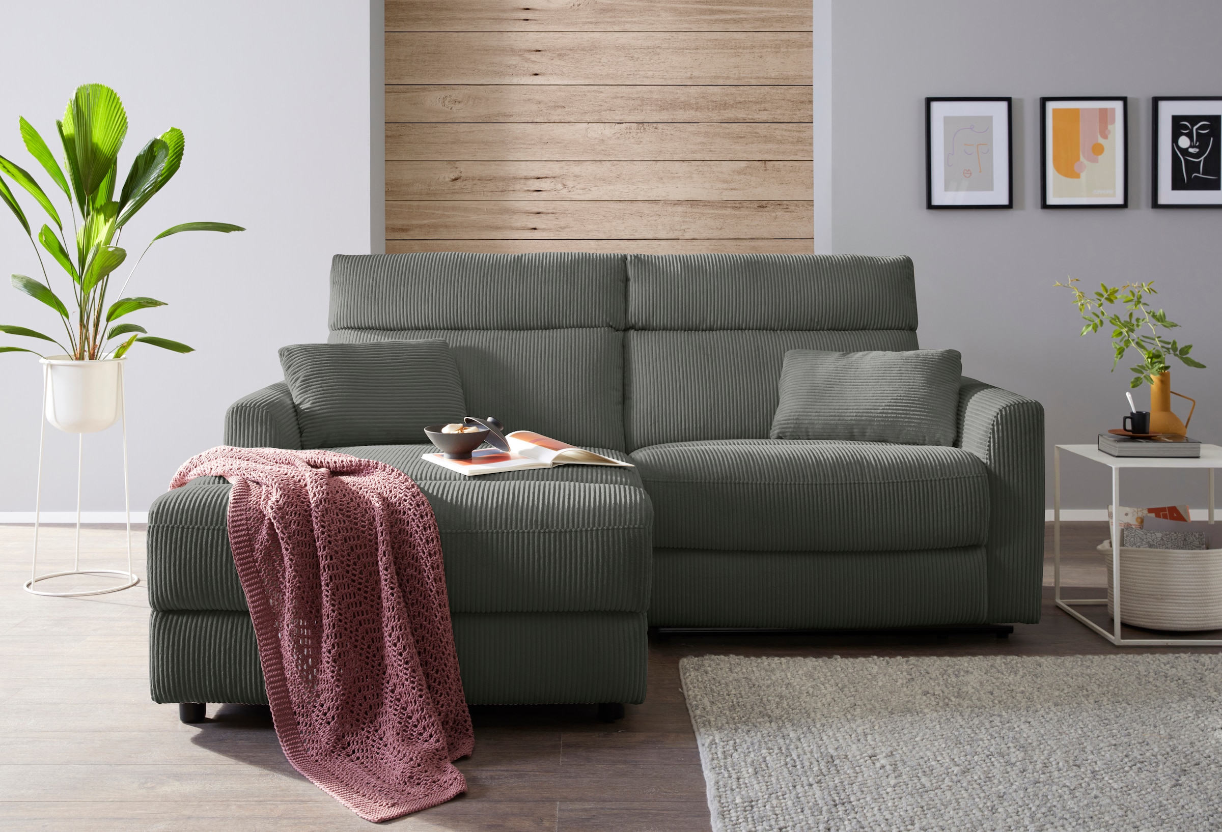 INOSIGN Ecksofa »JENNA, L-Form, 209cm, manuelle u. elektrische Funktion, mit USB A/C,«, Liegefunktion 105°-150°, Federkern, Cord
