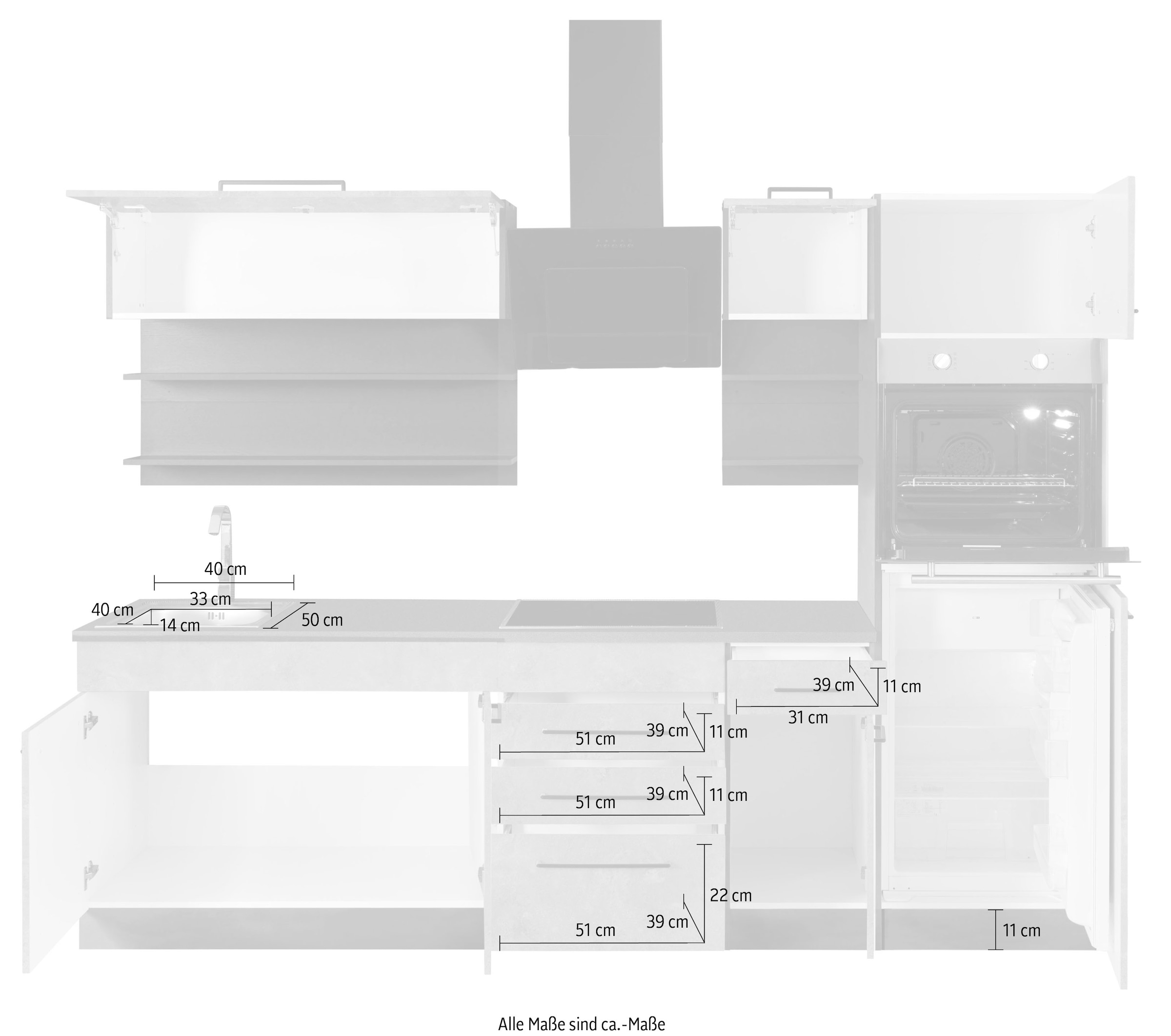 KOCHSTATION Küchenzeile »KS-Tulsa«, ohne E-Geräte, Breite 270 cm, schwarze Metallgriffe, MDF Fronten