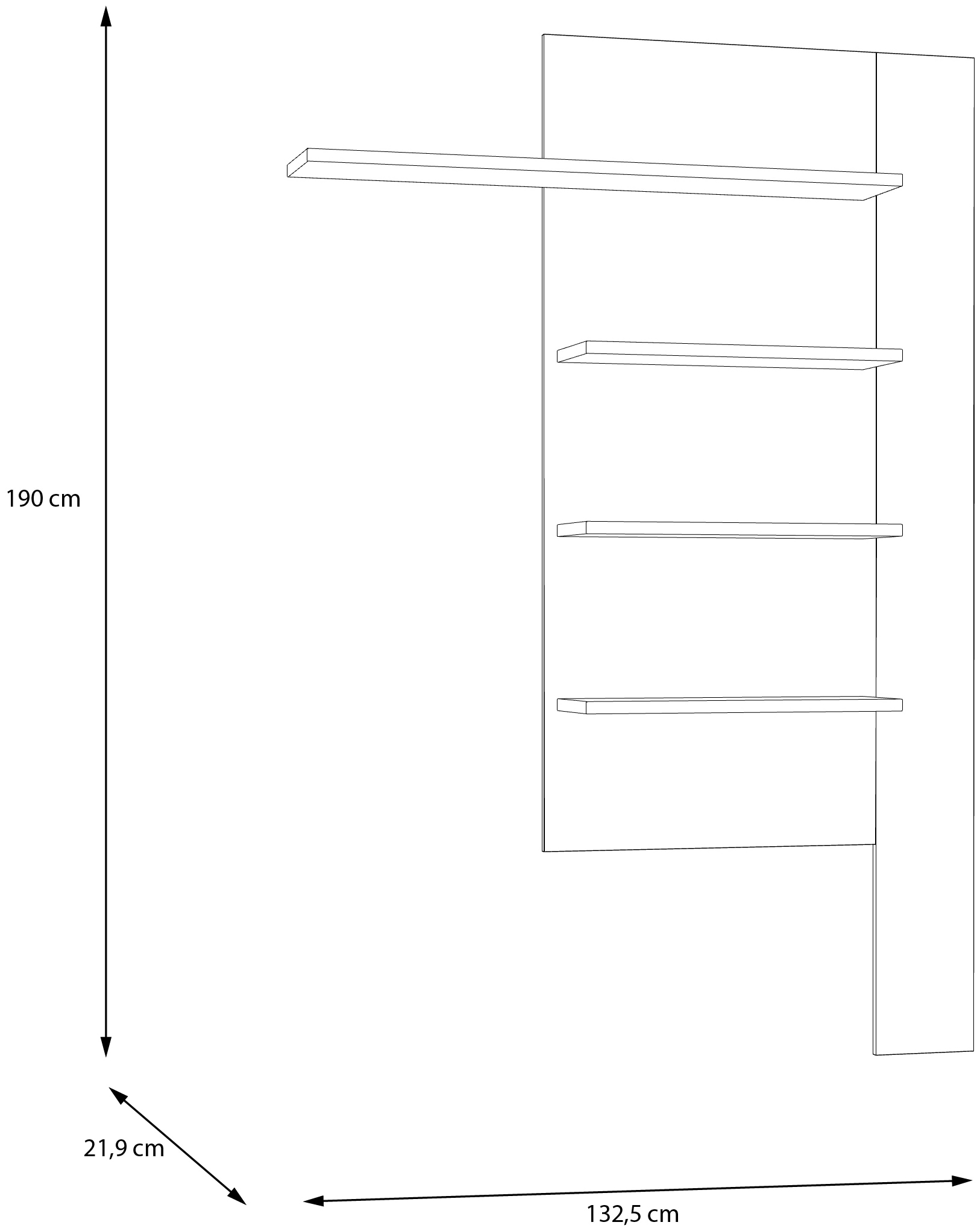 FORTE Wandregal B/H/T 132,5/190/21,9cm, 4 Ablageböden