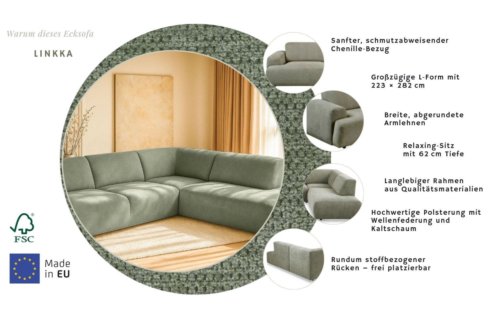 Home affaire Ecksofa »Linkka, Breite 282 cm« L-Form, in einem weichen Chenille-Stoff, mit Wellenunterfederung