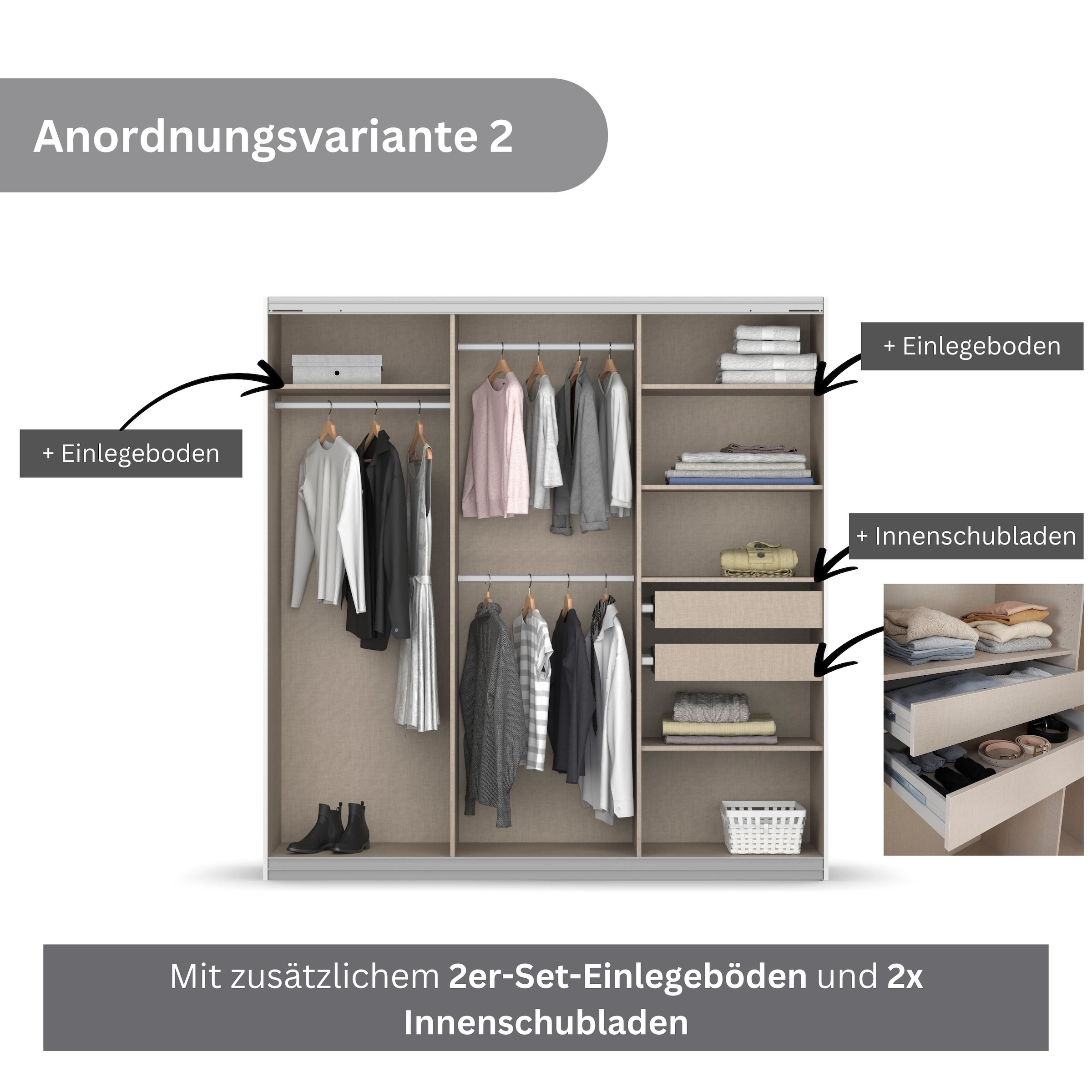 rauch Schwebetürenschrank »Kleiderschrank Schrank Garderobe BESTSELLER KOLUNA mit Spiegel«, inkl. 2 Innenschubladen sowie extra Einlegeböden MADE IN GERMANY