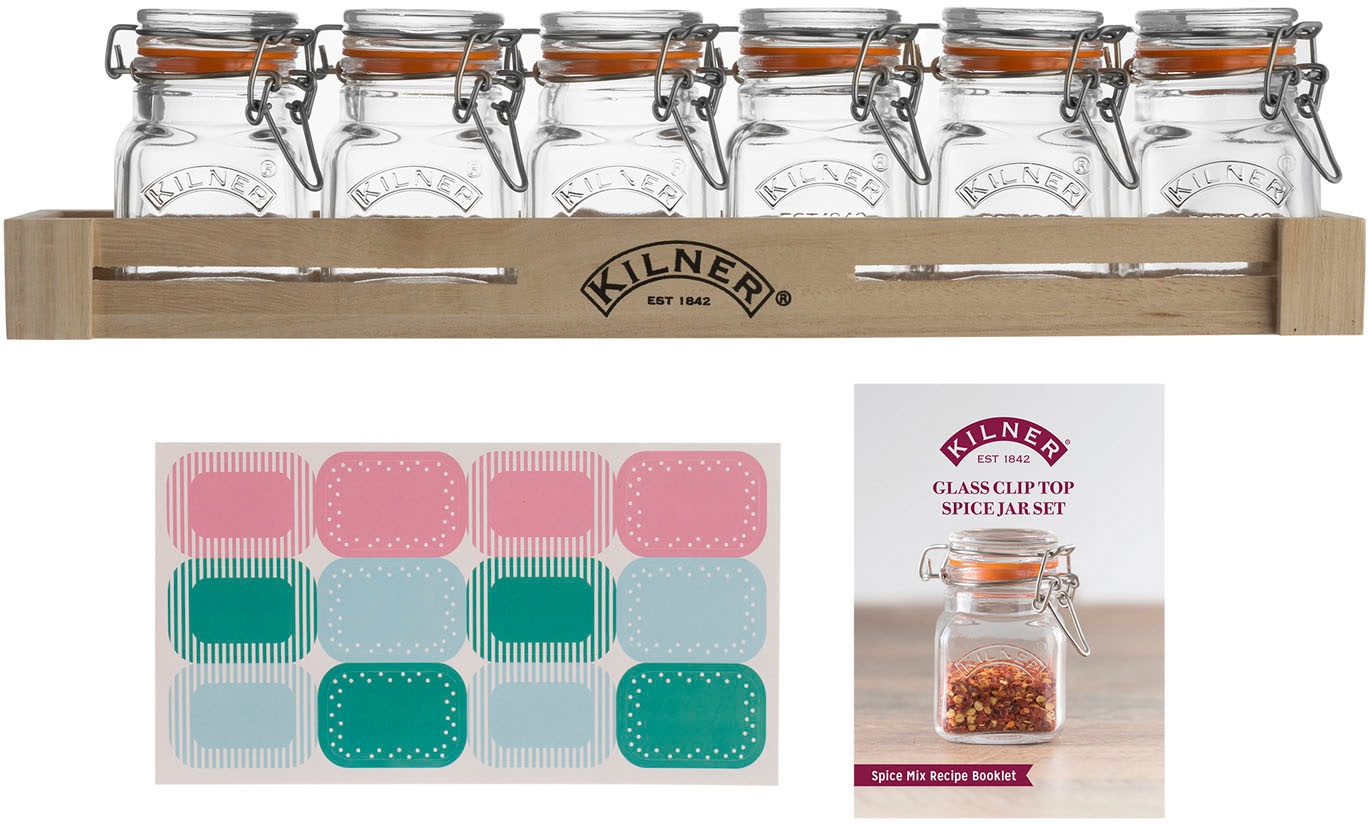 KILNER Gewürzbehälter, (Set, 7 tlg.), Holzkasten, 6 x 70 ml, geeignet für Kräuter und Gewürze