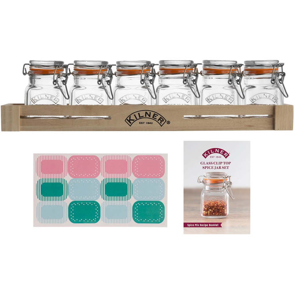 KILNER Gewürzbehälter, (Set, 7 tlg.), Holzkasten, 6 x 70 ml, geeignet für Kräuter und Gewürze