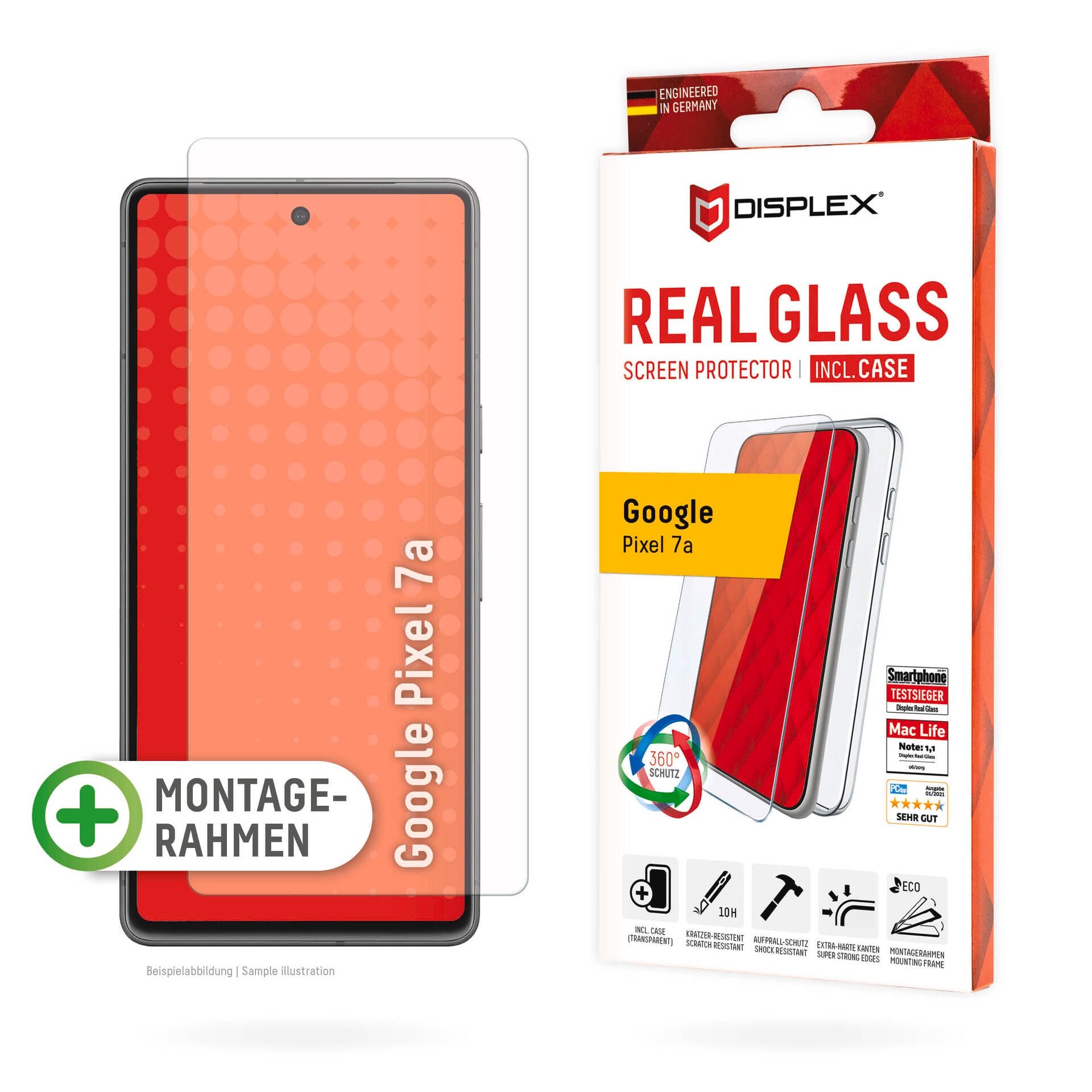 Displex Displayschutzglas »Real Glass + Case«, für Google Pixel 7a, Displayschutzfolie Displayschutz Rundumschutz 360 Grad splitterfest