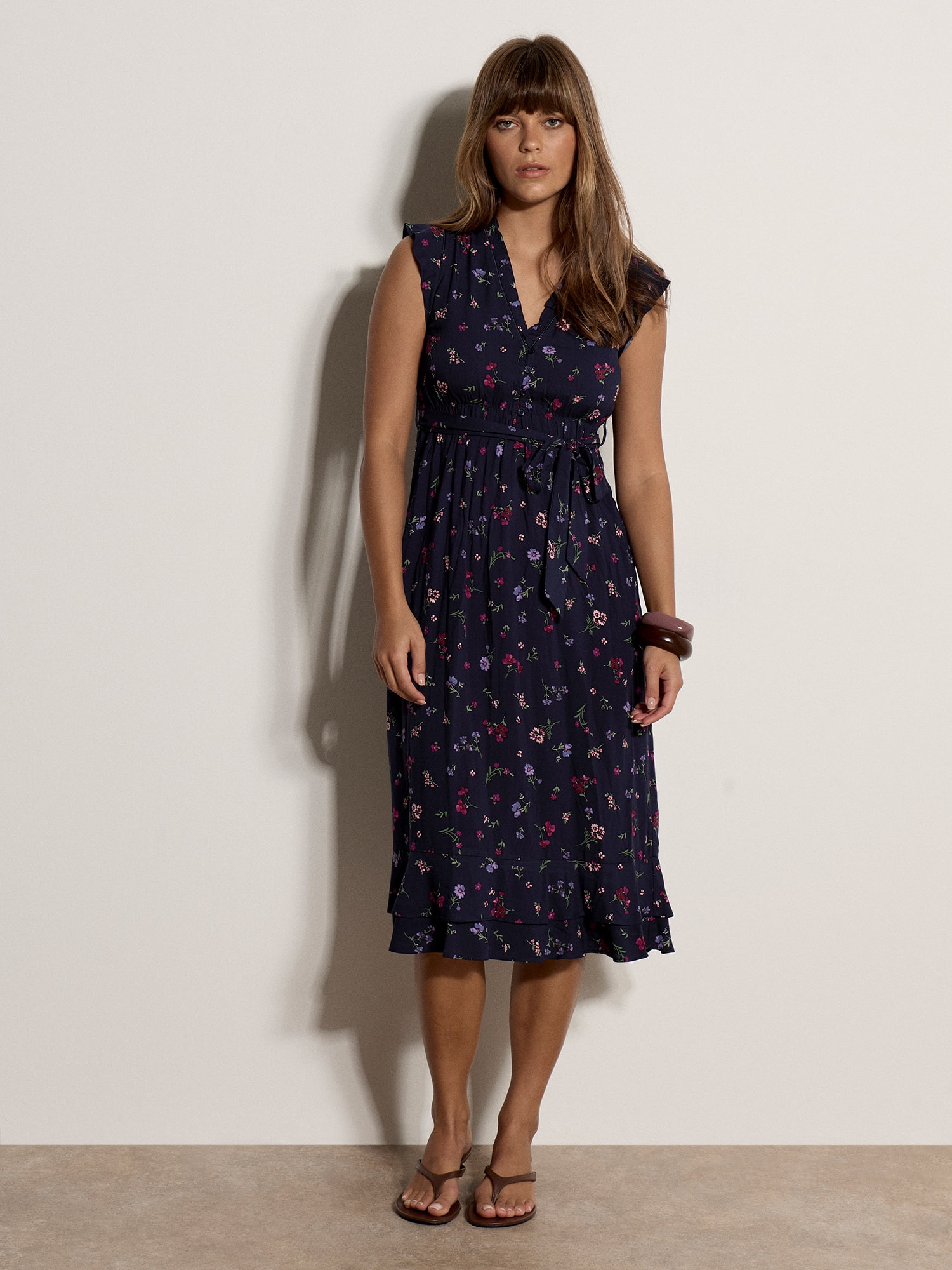 Apricot Midikleid "Geblümtes Midi-Kleid" mit Rüschen und Gürtel