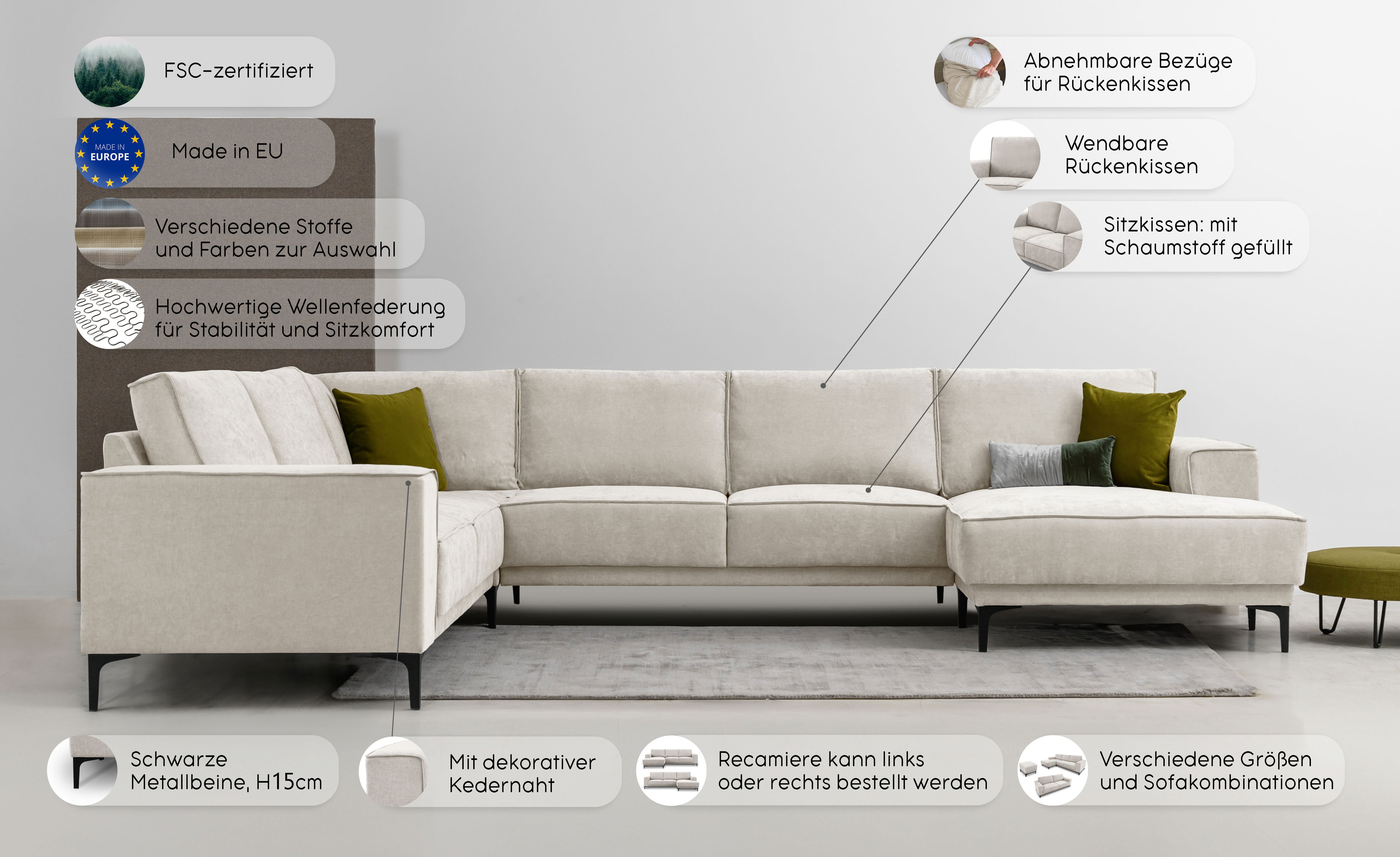 Thumbnail - Places of Style Wohnlandschaft "XXL Sofa Oland, Struktur, Flachgewebe, Luxus-Microfaser, Boucle", U-Form, 342 cm, Wellen...