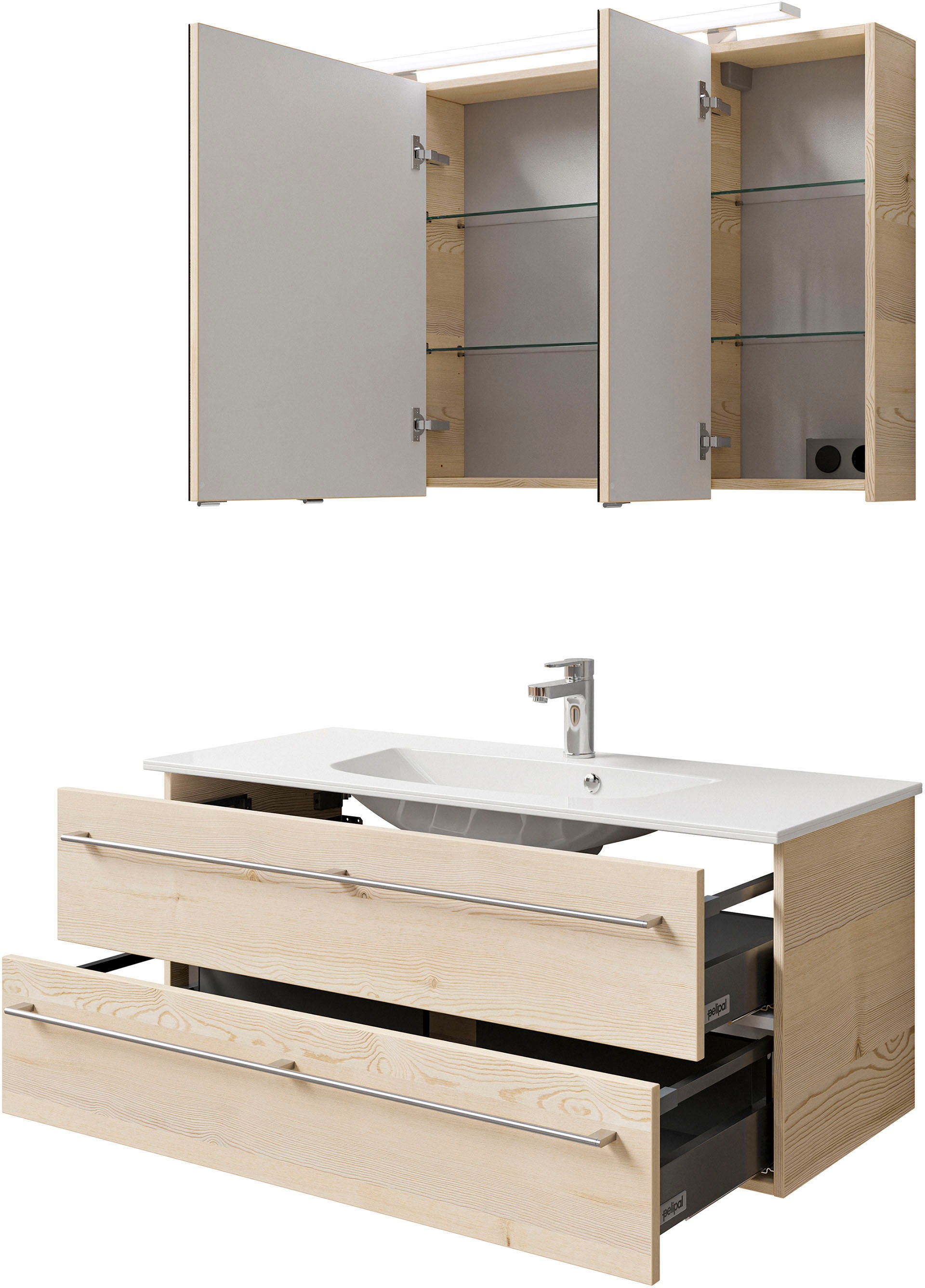 Saphir Badmöbel-Set »Serie 6025 2-teilig Mineralmarmor-Waschtisch mit LED-Spiegelschrank«, (2 St.), Waschplatz 117cm breit, 2 Schubladen, 3 Spiegel-Türen, inkl Türdämpfer