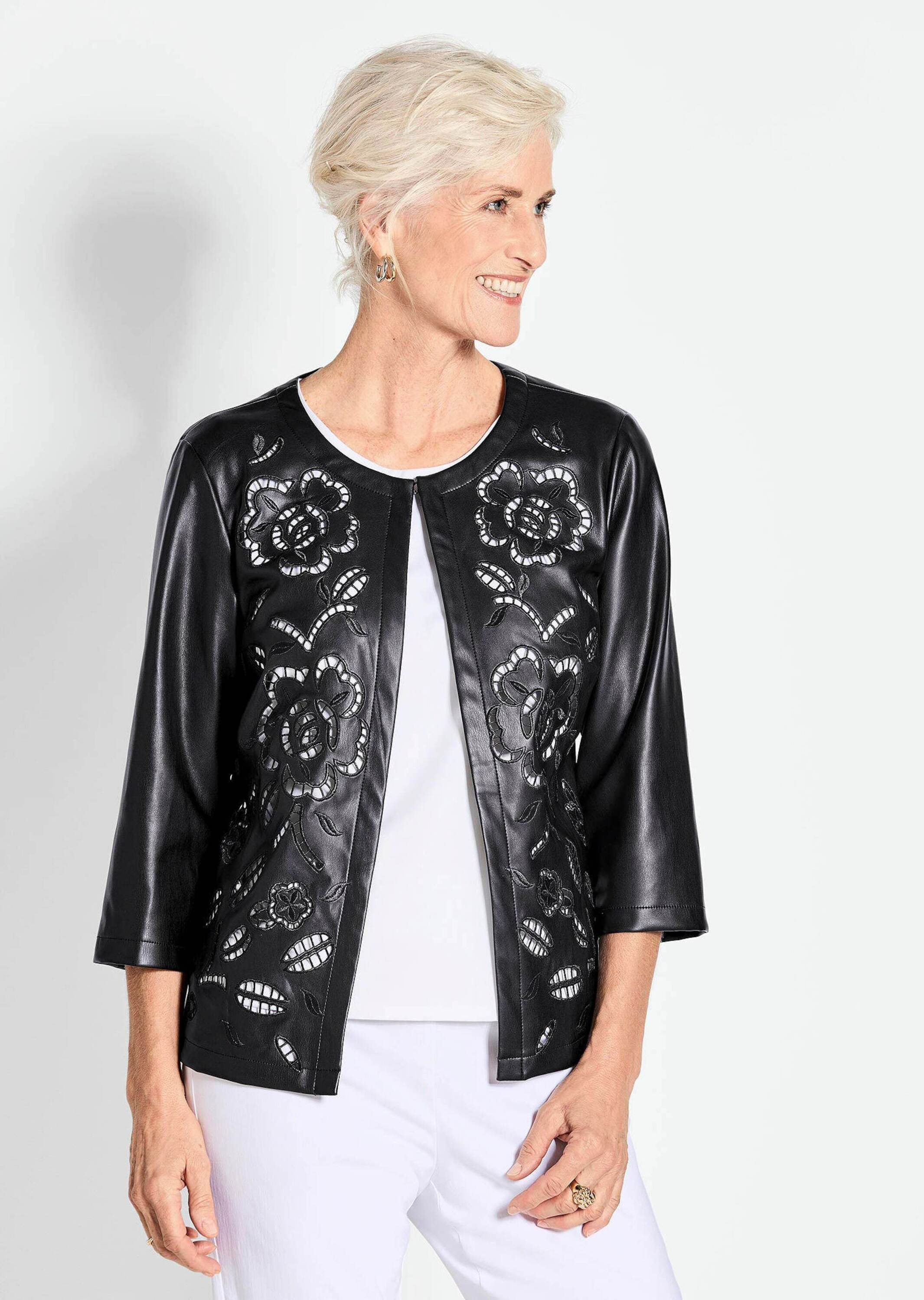 Thumbnail - GOLDNER Kurzjacke "Kurzgröße Kurzjacke in Lederoptik, Lochstickerei" Mit floraler Lochstickerei