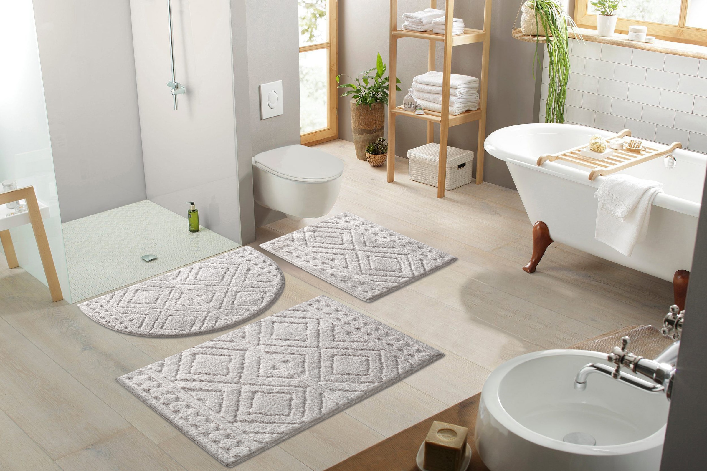 my home Badematte »Louvres, Badvorleger, Badezimmer Teppich, Duschvorleger«, schnell trocknend, Badteppich, Uni Farben, Hoch-Tief Effekt, Boho-Style
