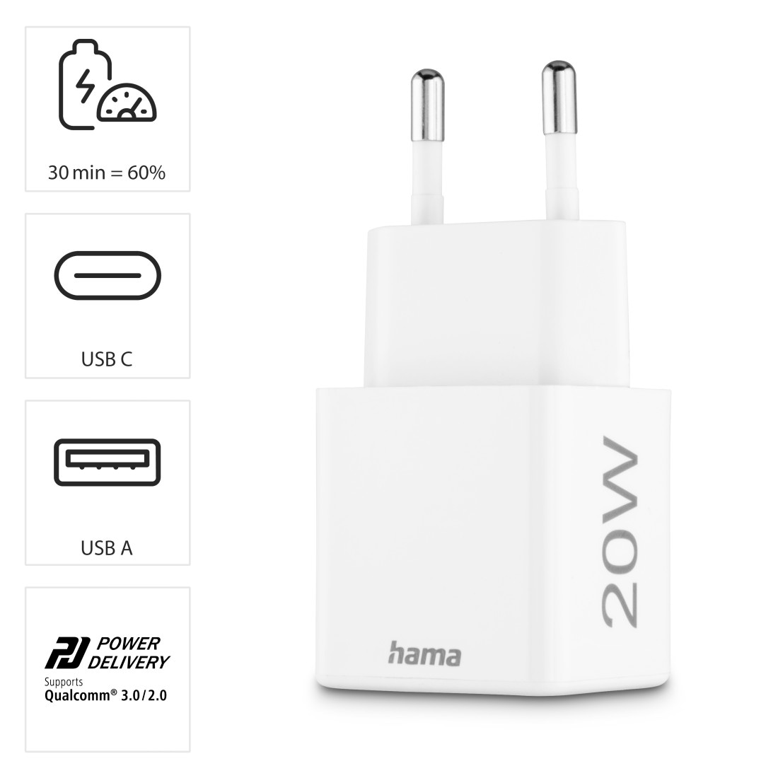 Hama Schnelllade-Gerät »USB-Ladegerät (Schnellladegerät Handy, 1x USB-C, 1x USB-A, 20 Watt)«, (1 St.)