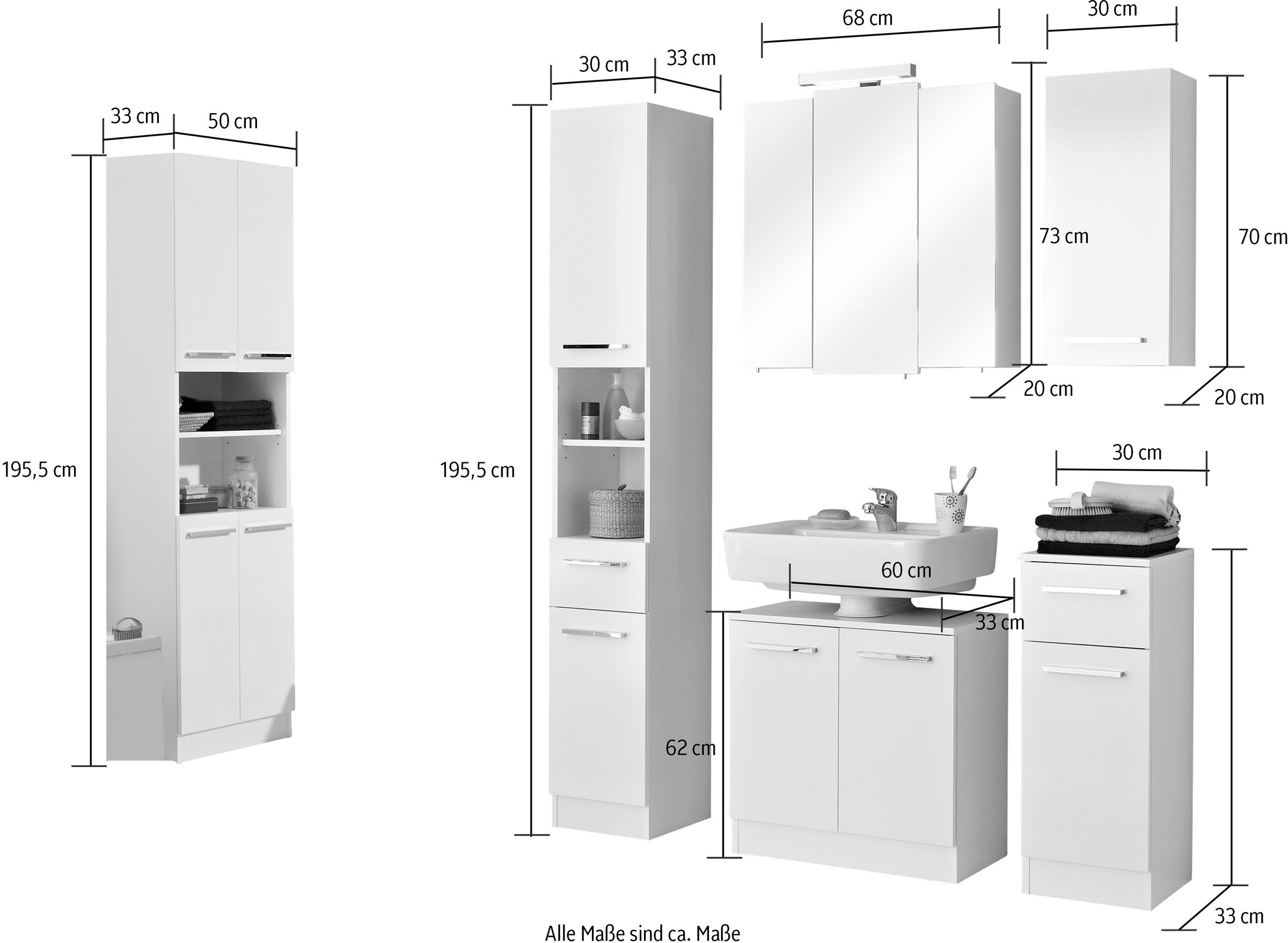 Saphir Badmöbel-Set »Quickset 335 6-teilig, Waschbeckenunterschrank mit LED-Spiegelschrank«, (6 St.), Hochschränke, Unterschrank, Hängeschrank, inkl. Türdämpfer, 13 Türen