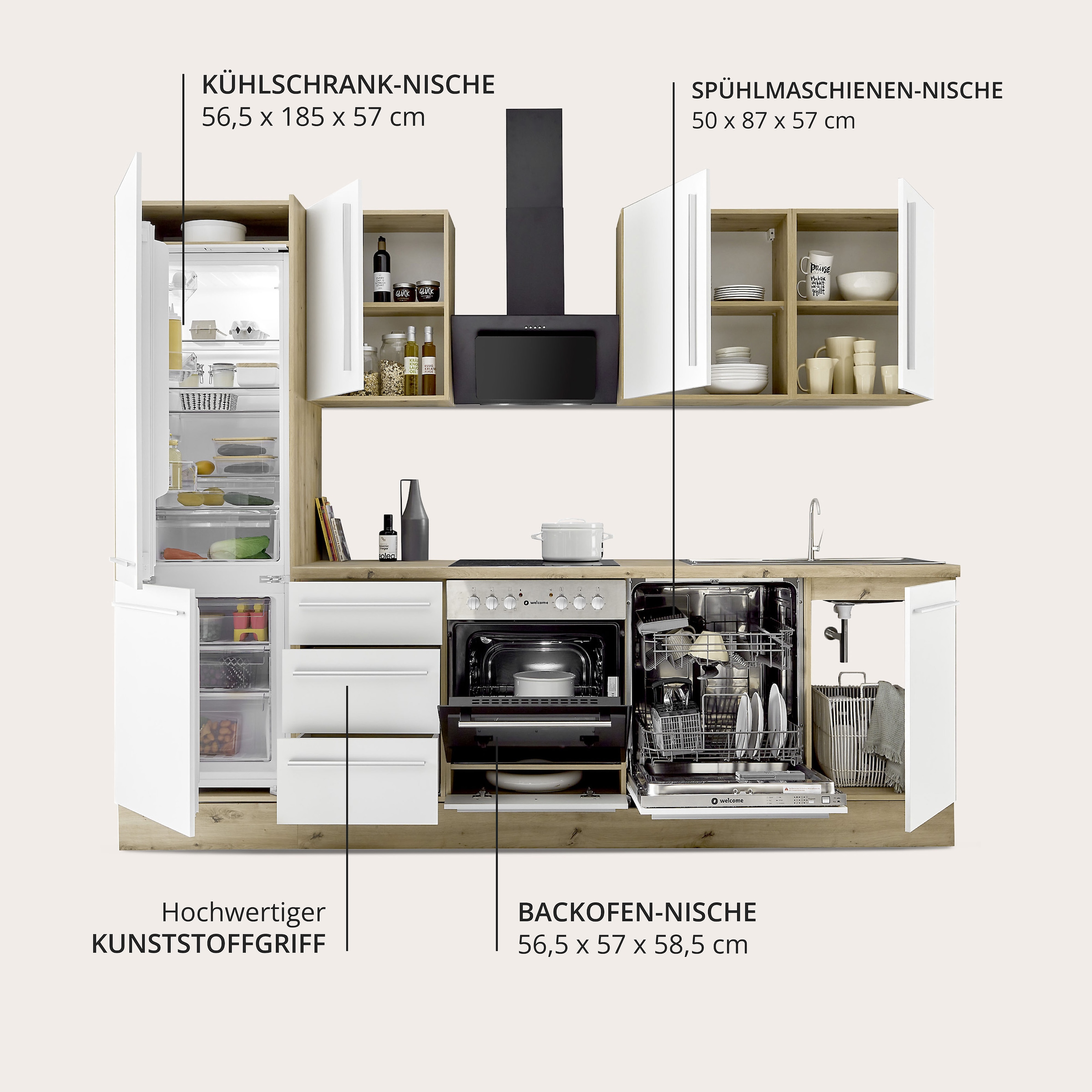 KOCHSTATION Küchenzeile »KS-Florida mit 38mm starker Arbeitsplatte« Breite 280 cm, wahlweise mit E-Geräten, Soft-Close-Funktion