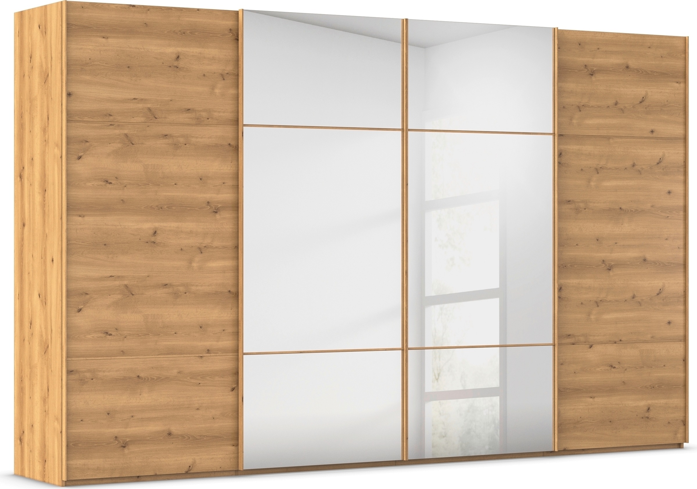 rauch Schwebetürenschrank "Kleiderschrank Schrank Garderobe Schlafzimmerschrank SCALE-TRIO" edle dreigeteilte Front mit 2 Zierleisten und Spiegel MADE IN GERMANY