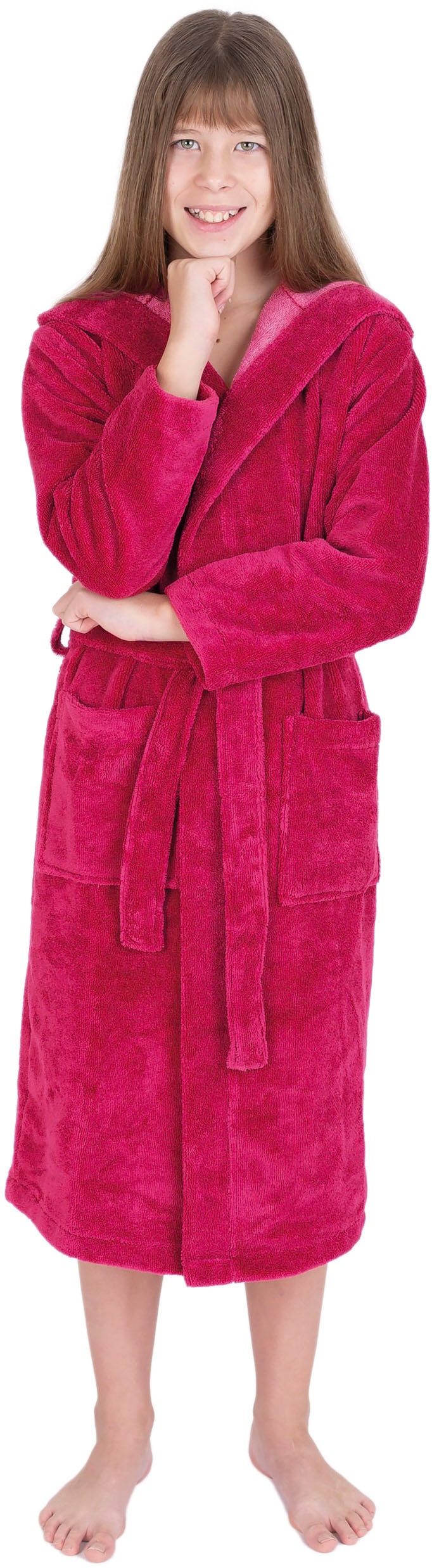 Kinderbademantel WEWO FASHION, L:116cmfuscia, Baumwoll-Mix, Hausmäntel, "8514", mit kuscheliger Kapuze