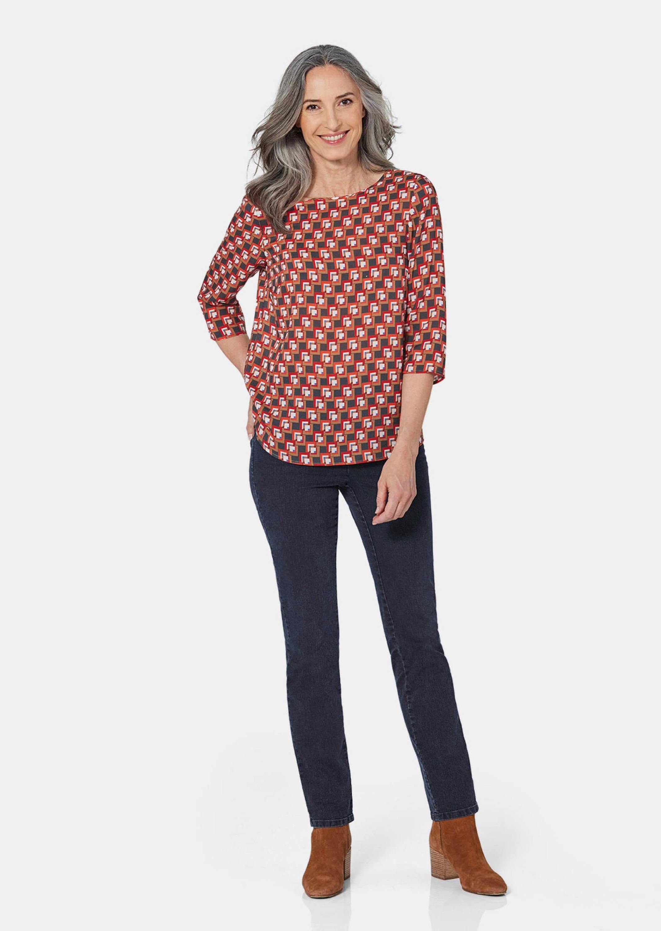 GOLDNER Schlupfbluse "Kurzgröße Bluse 3/4-Arm mit grafischem Druck" Applika günstig online kaufen