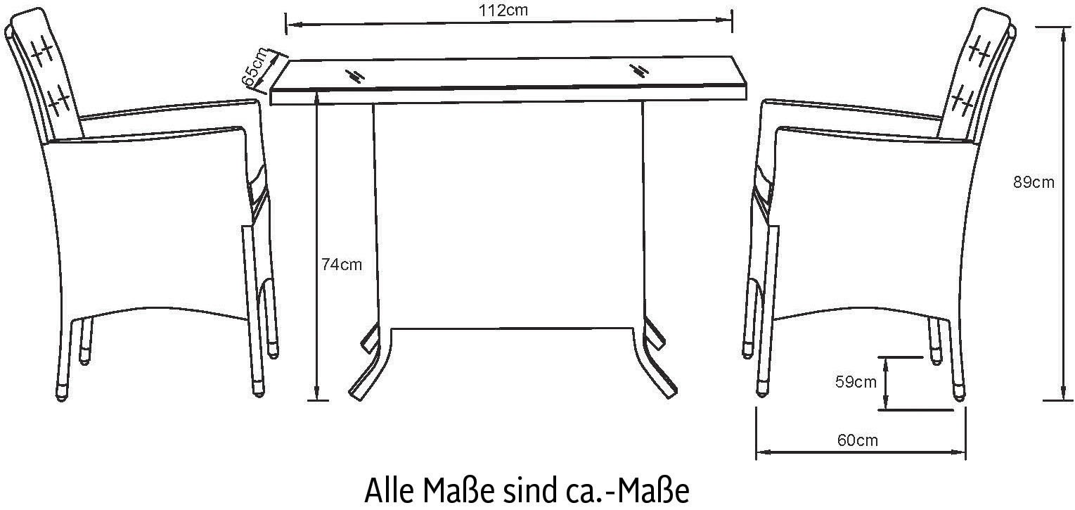 KONIFERA Balkonset »Mailand«, (Set, 7 tlg., 2x Sessel, 1x Tisch 112x65 cm, inkl. Auflagen, Polyrattan), Tischplatte aus Sicherheitsglas