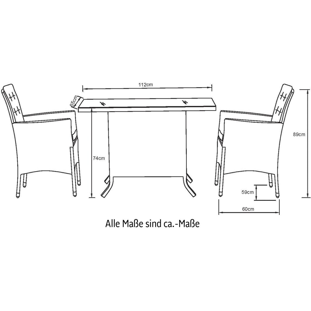 KONIFERA Balkonset »Mailand«, (Set, 7 tlg., 2x Sessel, 1x Tisch 112x65 cm, inkl. Auflagen, Polyrattan)