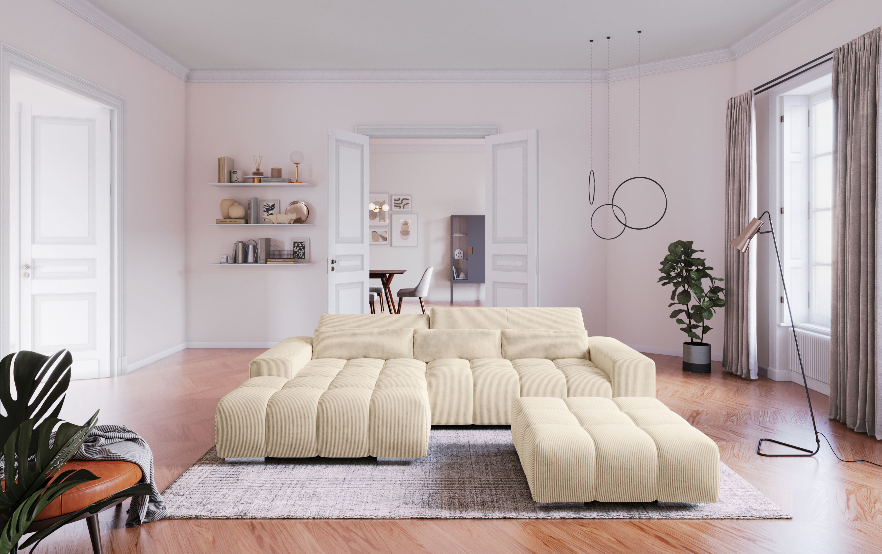 COTTA Ecksofa "Orion L-Form, B: 307 cm, moderne Steppung, bequeme Wellenunterfederung" 2x Kopfteilverstellung & 3 Nierenkissen
