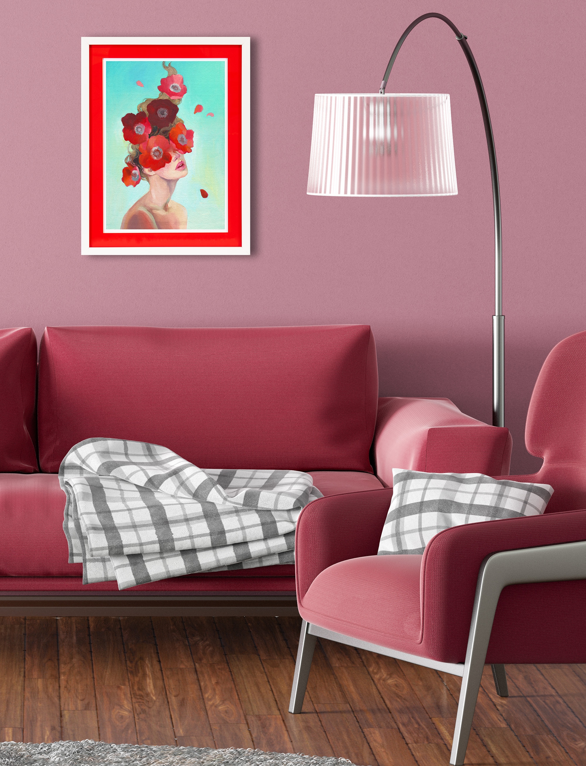 queence Bild mit Rahmen »Frau mit Blumen«, Bilder von Frauen-Blumen-Blumenbilder-Frau, (1 St.), Poster mit buntem Acrylglas Passepartout