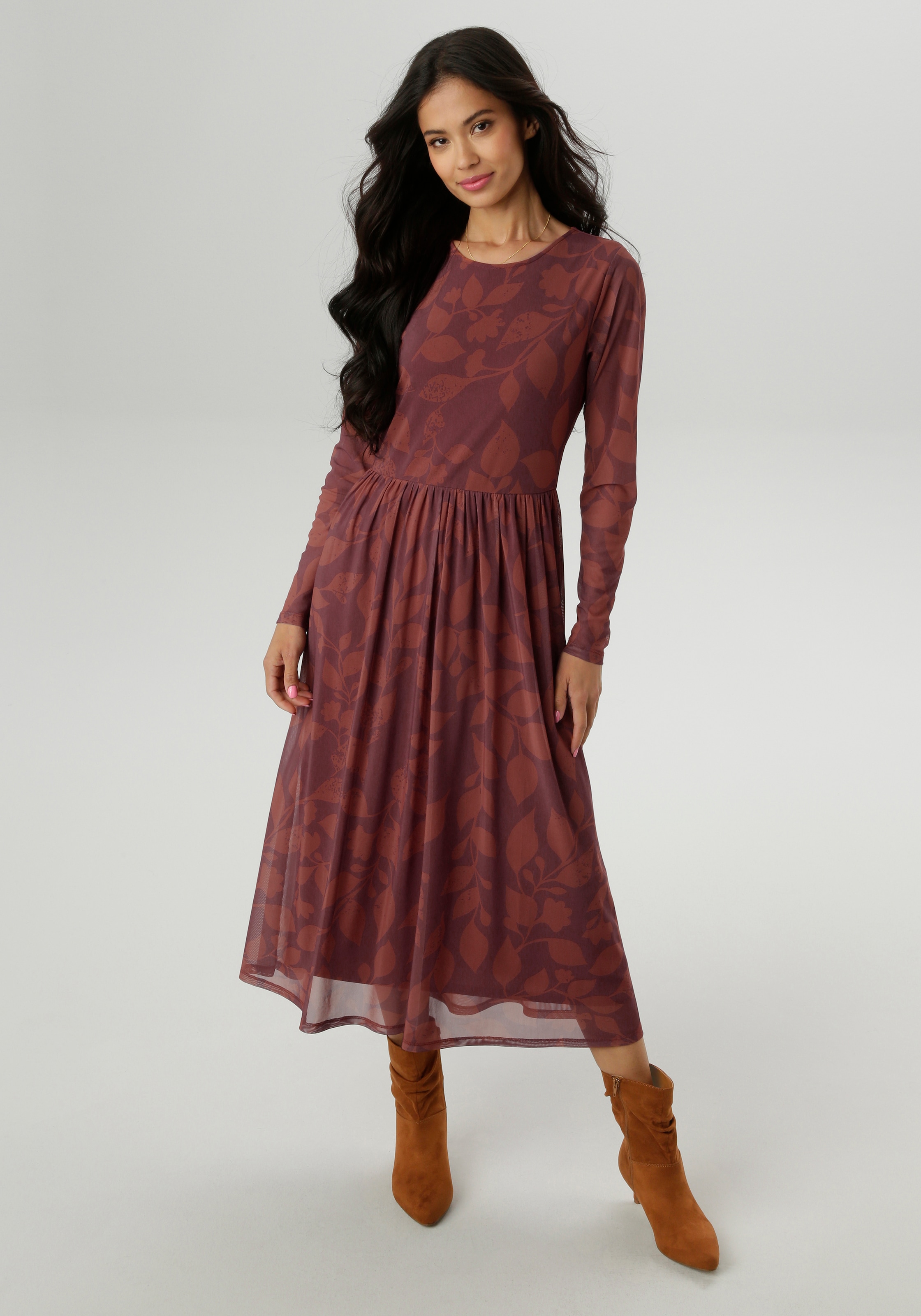 Aniston SELECTED Midikleid, mit floralem Blättermuster in warmen Brauntönen günstig online kaufen