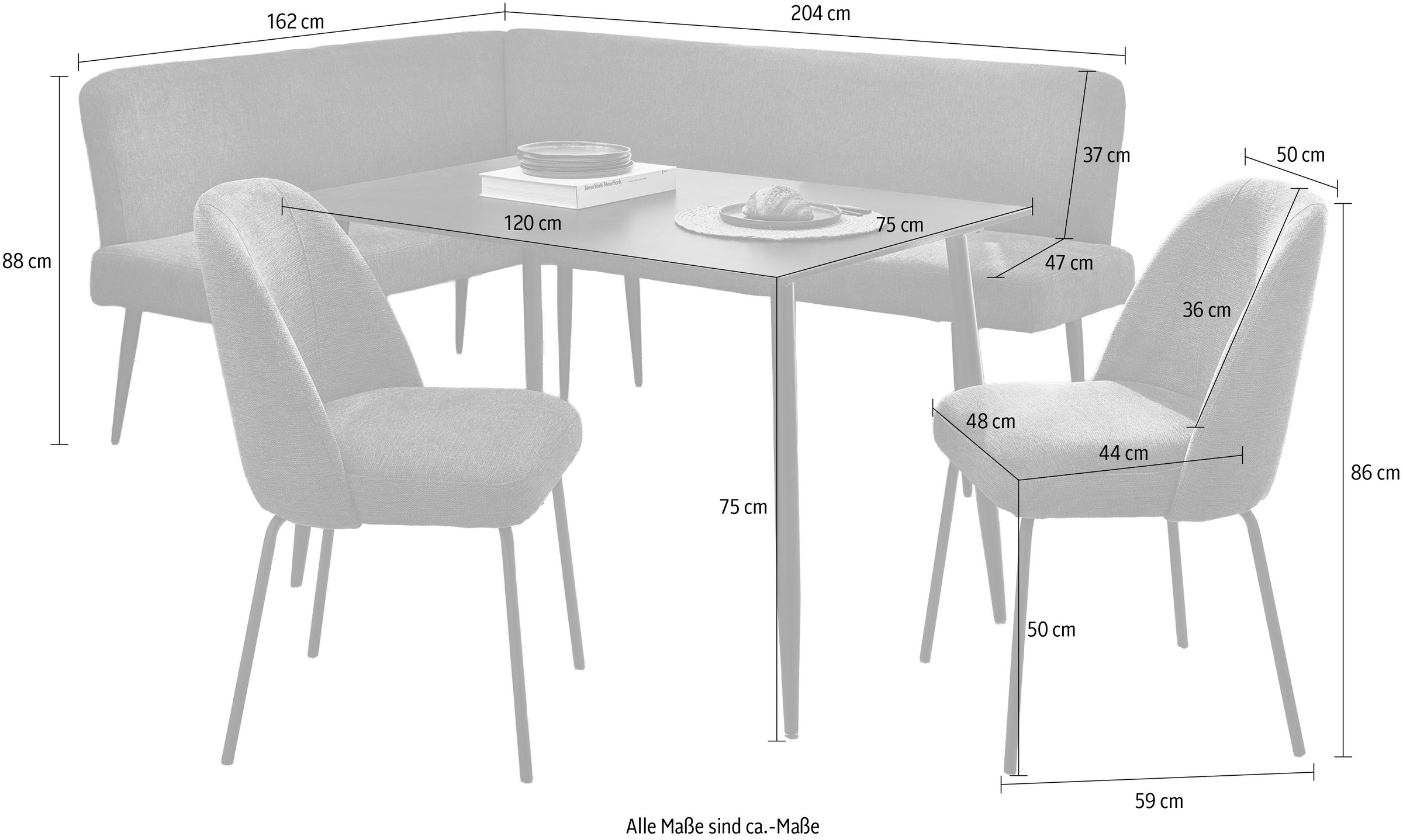 OTTO home Eckbankgruppe »Melvin (Set, 4-tlg. Tisch, Bank und 2 Stühle), Taschenfederkern« Tisch (120x75cm) schwarz, Bank und Stühle anthrazit oder beige