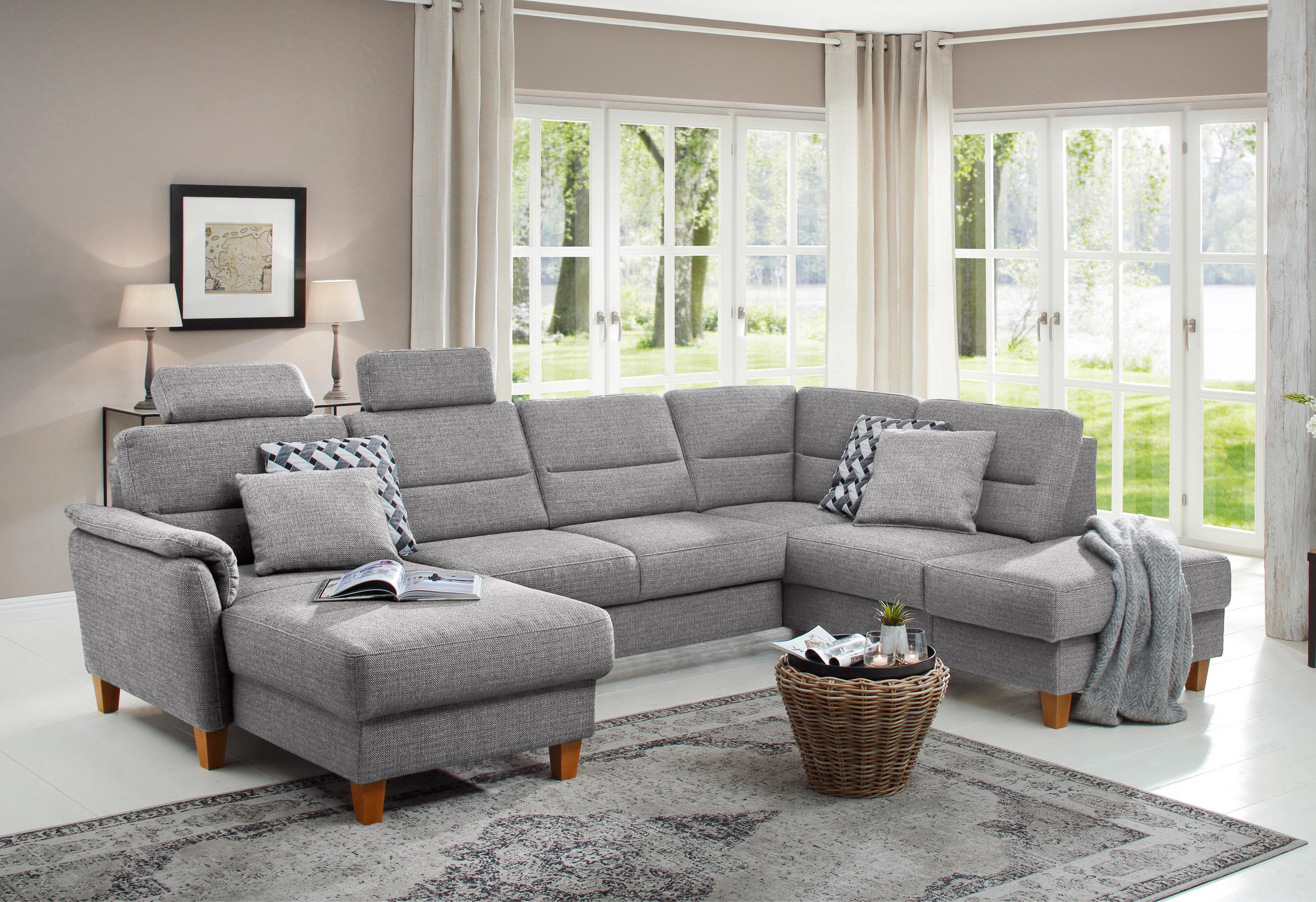 Home affaire Wohnlandschaft "Palmera U-Form, B: 308 cm, große Stoff + Leder Auswahl" mit Schlaffunktion & Bettkasten, Federkern, XXL-Wohnlandschaft