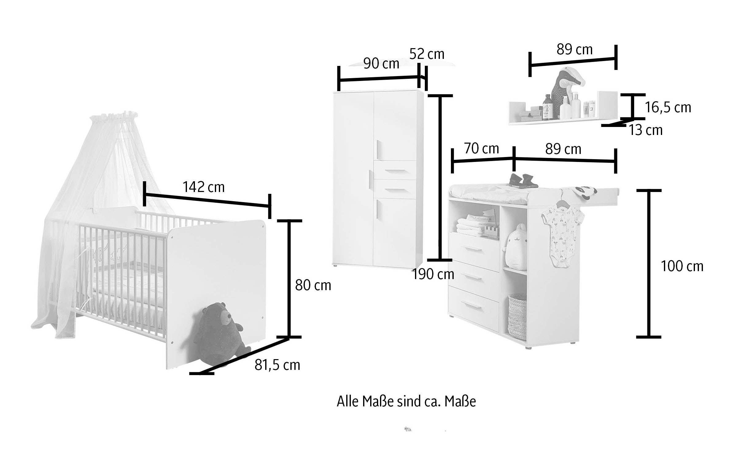 BMG Möbel Babyzimmer-Komplettset »Lea«, (Set, 4 St., Bett, Wickelkommode, Schrank, Wandboard), Bett + Wickelkommode + 3-trg. Schrank + Wandboard