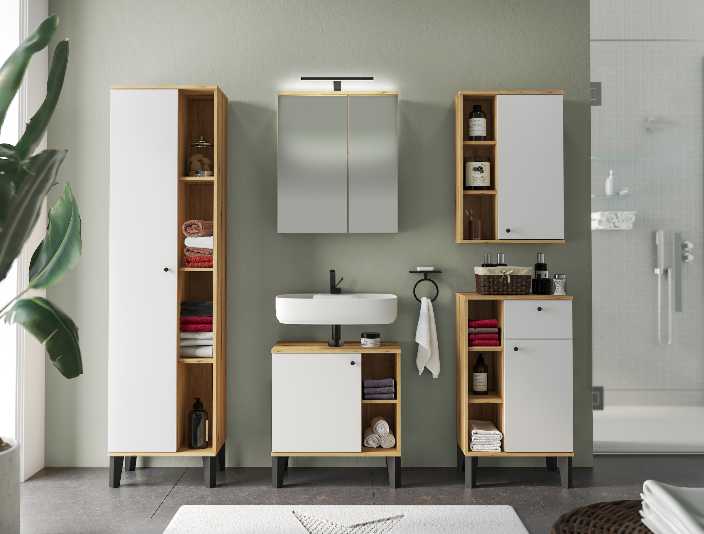 INOSIGN Badmöbel-Set »OSLO, Bad im skandinavischen Design, 5-teiliges Badezimmer«, (Set, 5 St.), Badschränke und Spiegel, in zwei Farben verfügbar, viel Stauraum