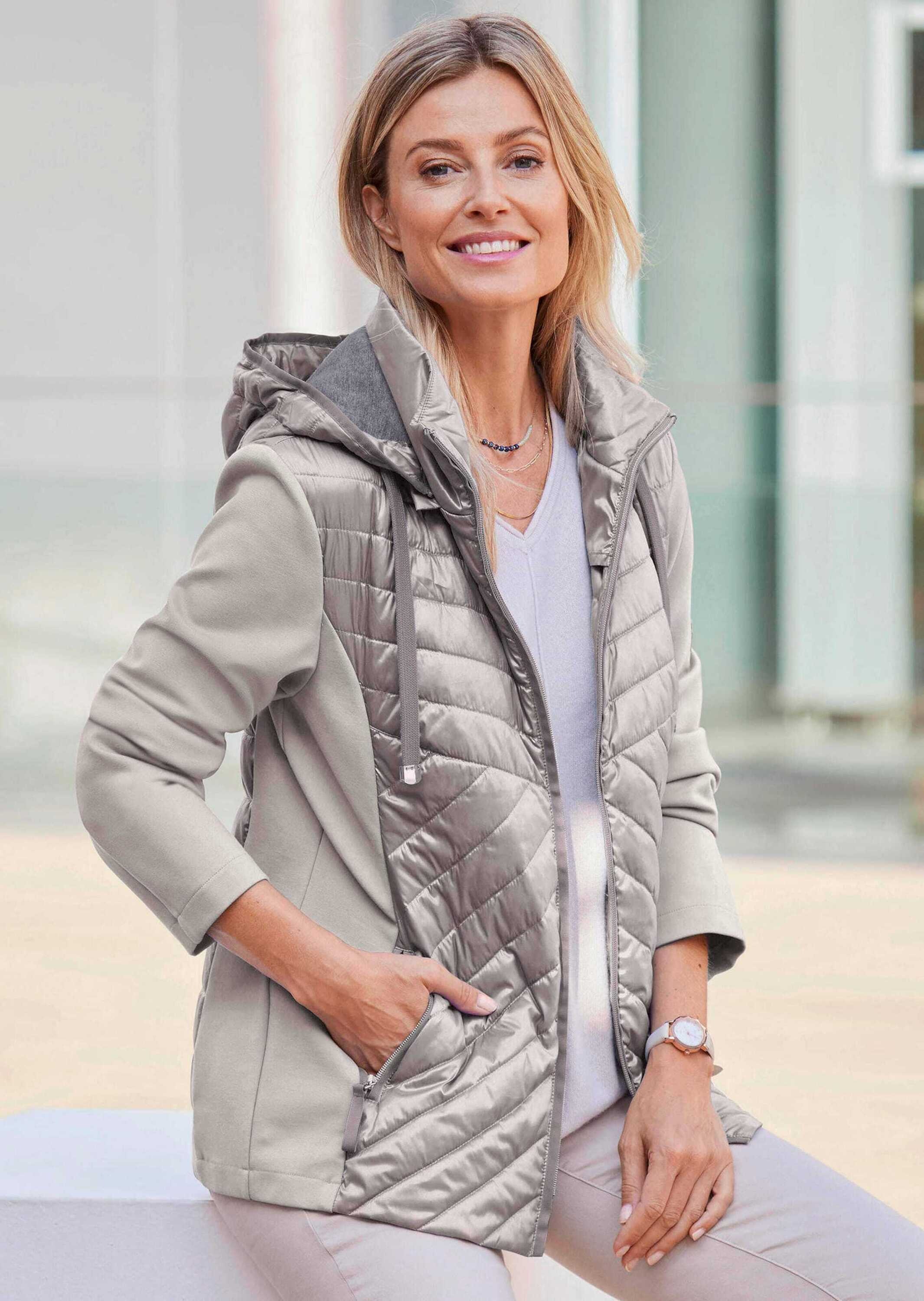 Kurzjacke GOLDNER "Steppjacke mit abnehmbarer Kapuze", Damen, Gr. 46, beige (stein), Obermaterial: 60% Polyester PES. 40% Polyamid PA., Sonstiges, Jacken Kurzjacke, Kontrastfarbige Blenden und Details 2