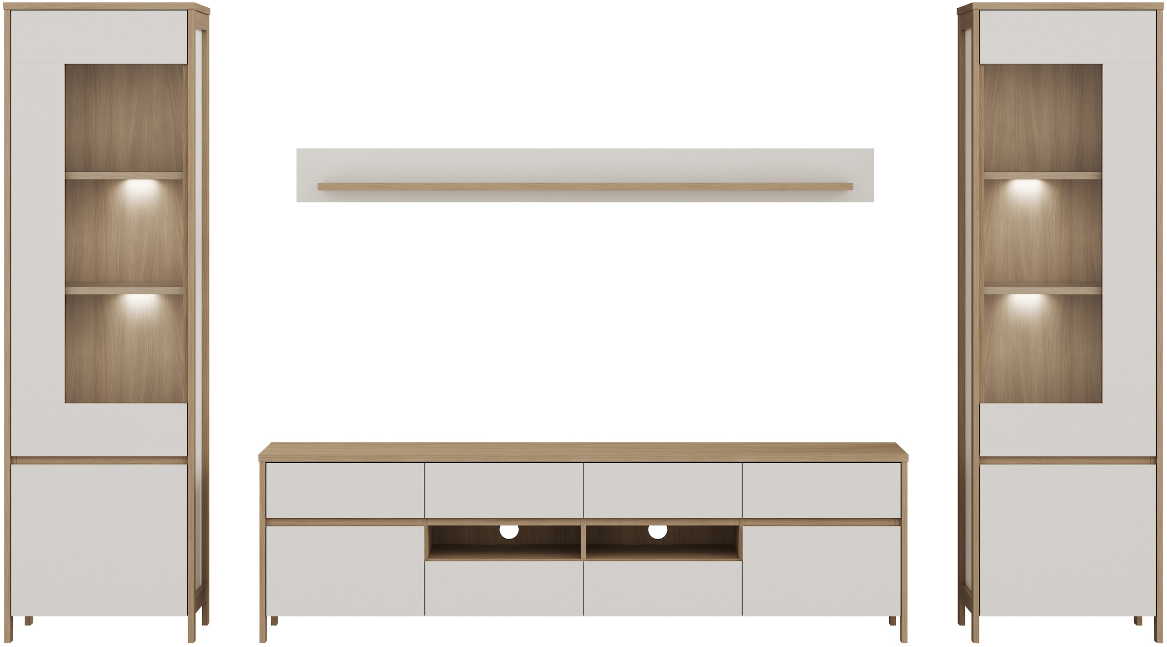 Home affaire Wohnwand »Stranda, moderne Anbauwand, Komplettset im Scandi-Style«, (4 St.), enthält zwei Vitrinen, Lowboard und Wandboard, 344 cm breit