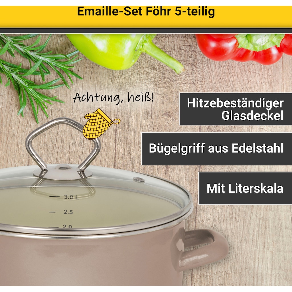 Krüger Topf-Set »Föhr«, Emaille, (Set, 8 tlg., Fleischtopf 16/20/24 cm, Stieltopf 16 cm, Milchtopf 12 cm)