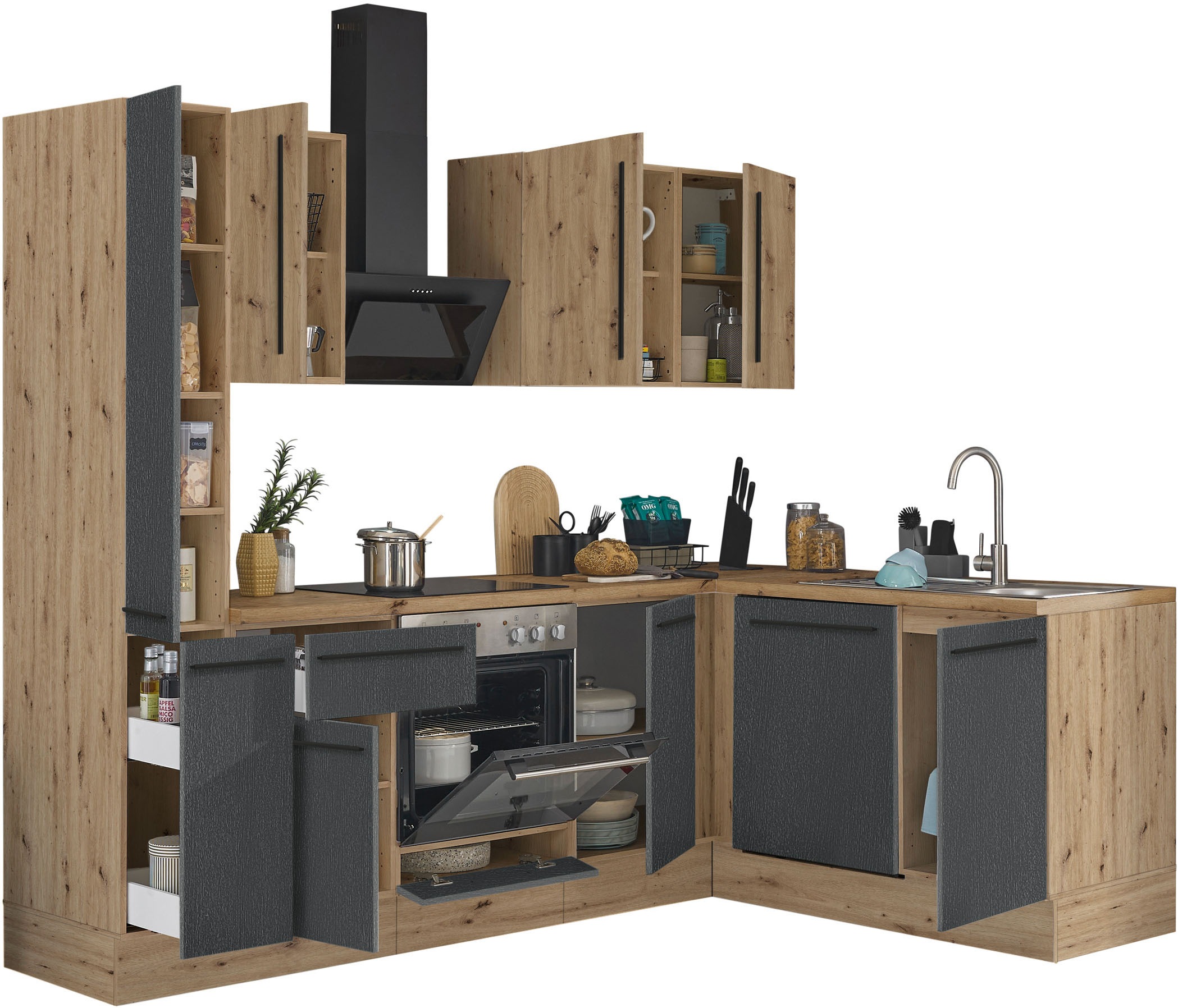 KOCHSTATION Winkelküche »Florida, Stellbreite 250x165 cm«, wahlweise mit E-Geräten, mit Softclose für Türen und Schubkästen