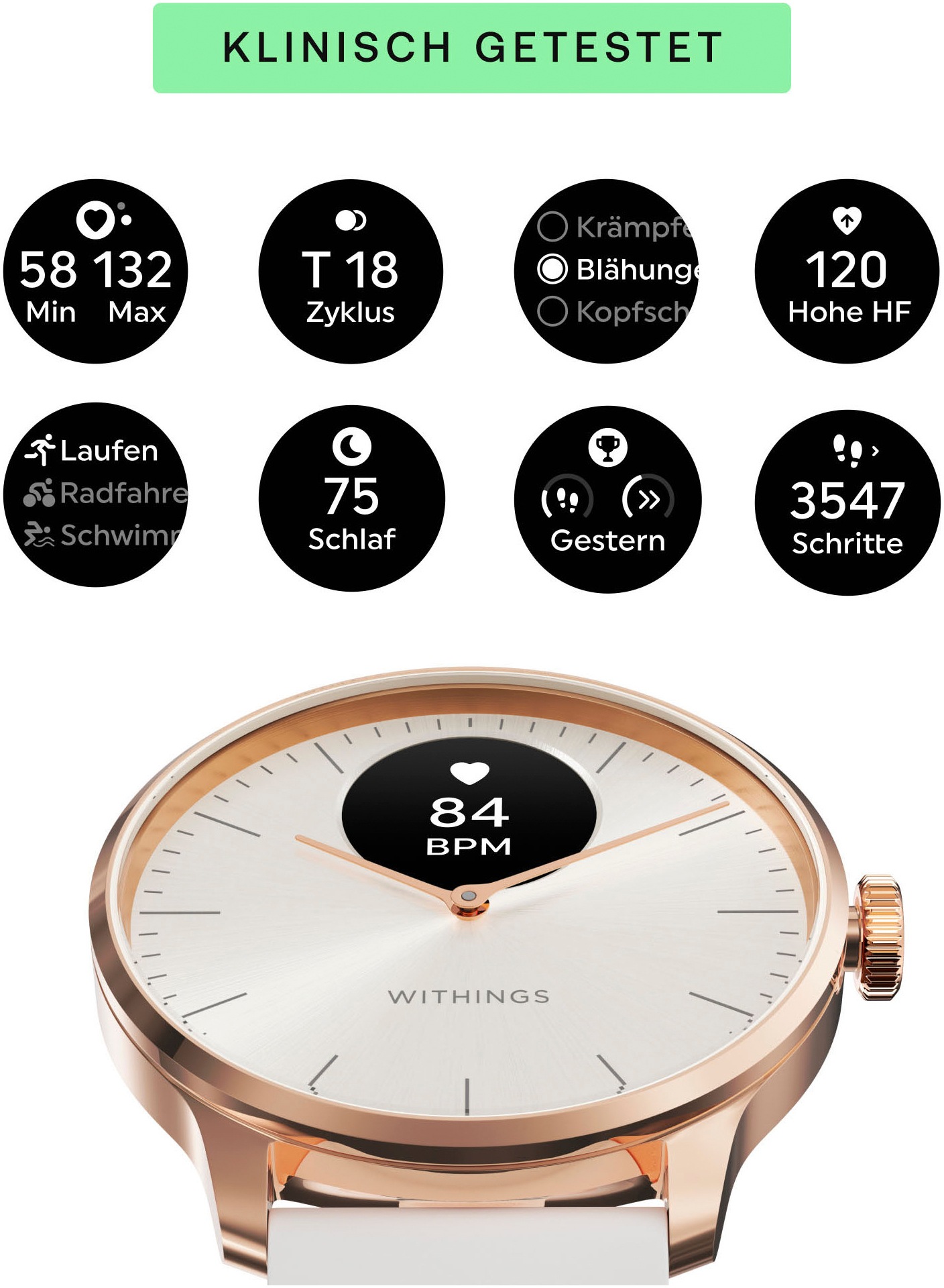 Withings Smartwatch "ScanWatch Light 37mm RoseGold, Akku bis 35 Tage, 50 M Wasserdicht"(/ 0,63 ″)