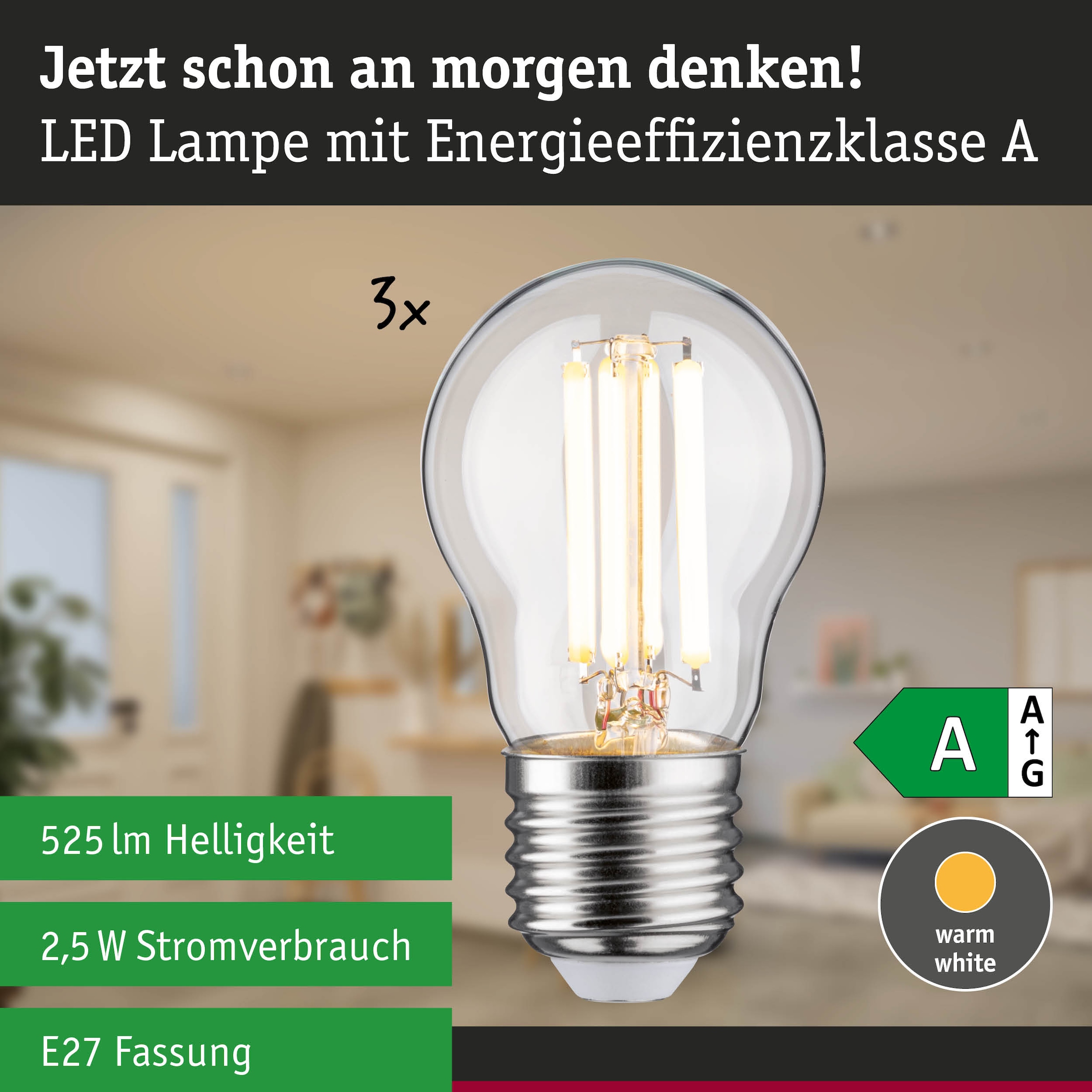 Paulmann LED-Leuchtmittel »Efficient-Line 3er-Pack Tropfen 525lm 2,5W 3000K klar 230V« E27 3 Stk. Warmweiß