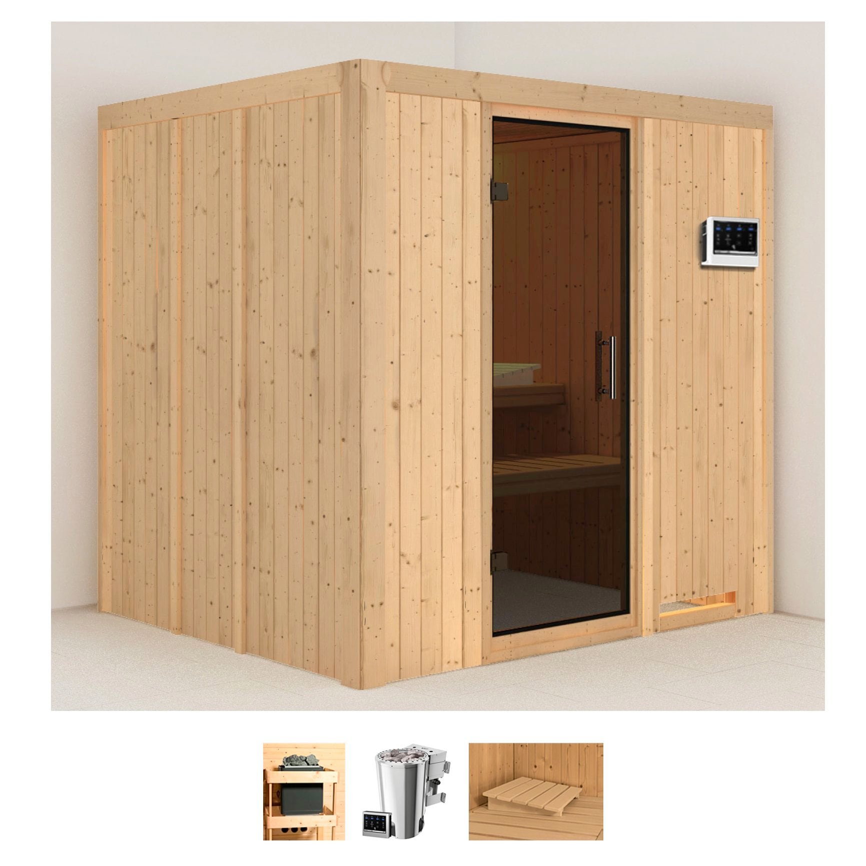 Karibu Sauna "Dima" Set, Ofen 3,6 kW Bio-Ofen externe Strg. easy